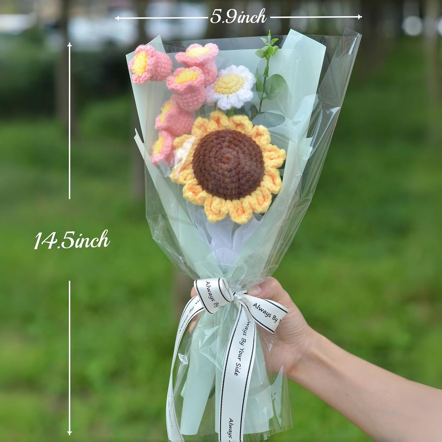 Crochet Flowers Bouquet,Hand Knitted Sunflower Daisy Lily of The Valley,Eternal