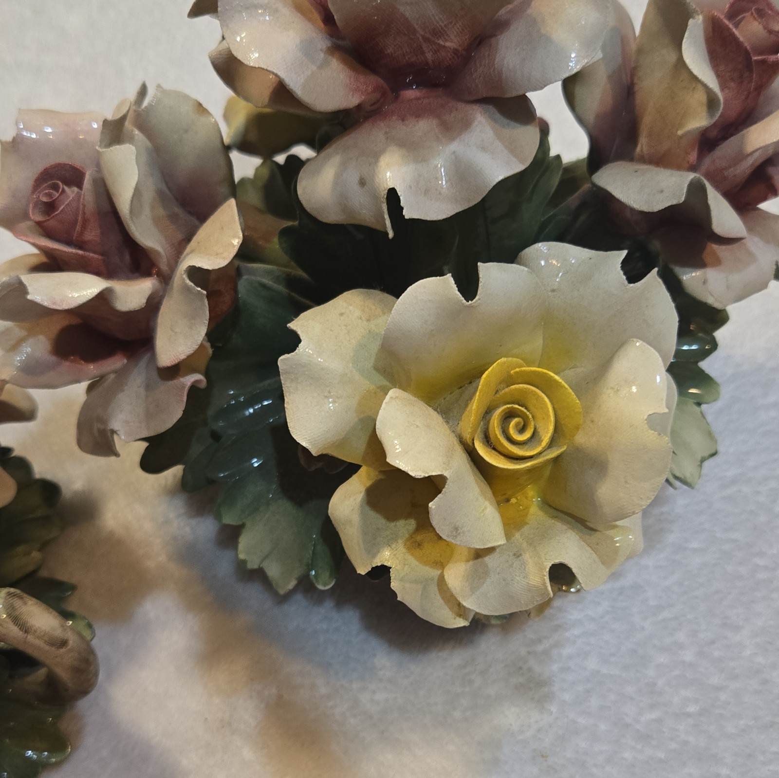 Vintage Italian Capodimonte Porcelain Rose Centerpiece Basket Candlestick Holder
