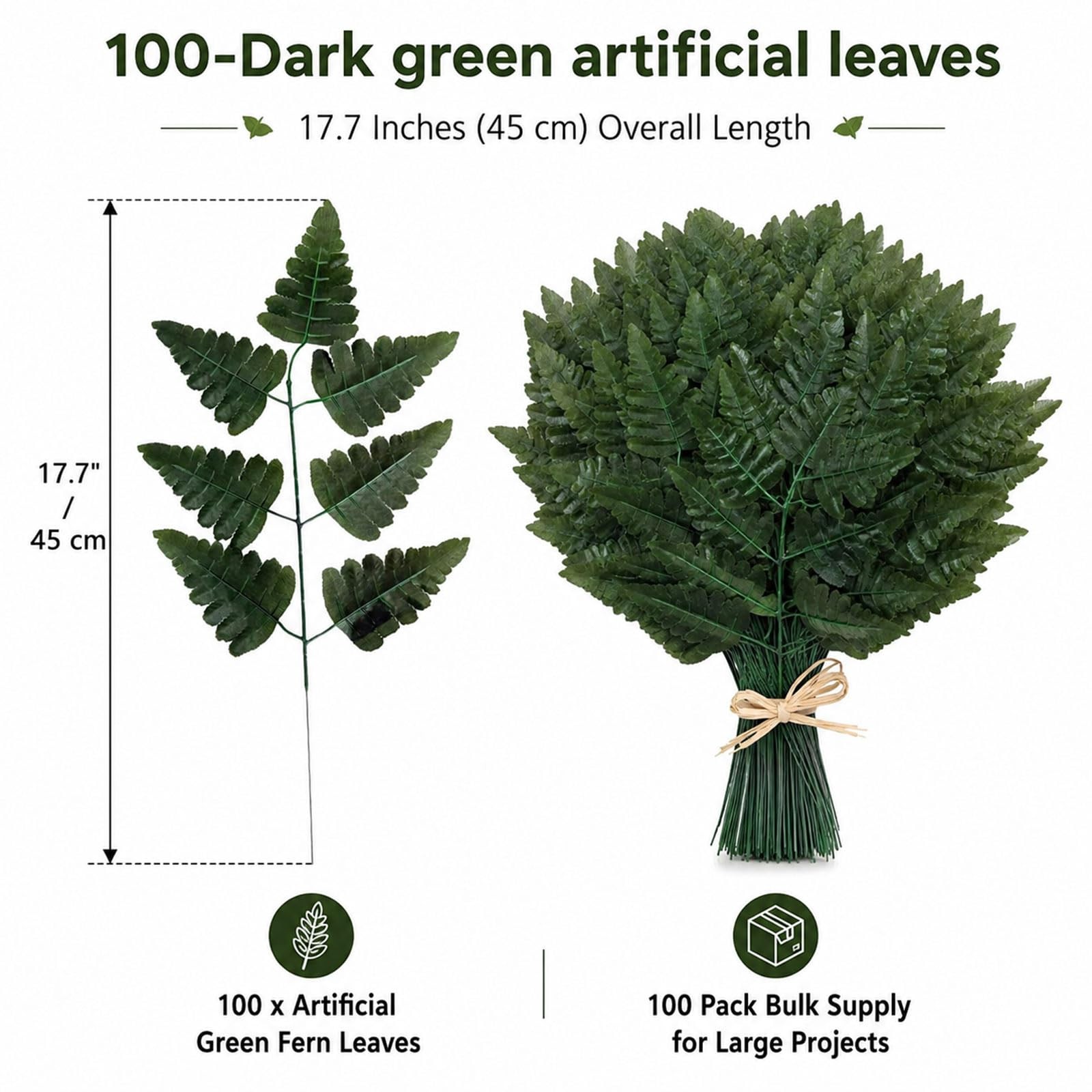 100 Pcs Artificial Silk Green Fern Leaves 17.7″ Faux Greenery