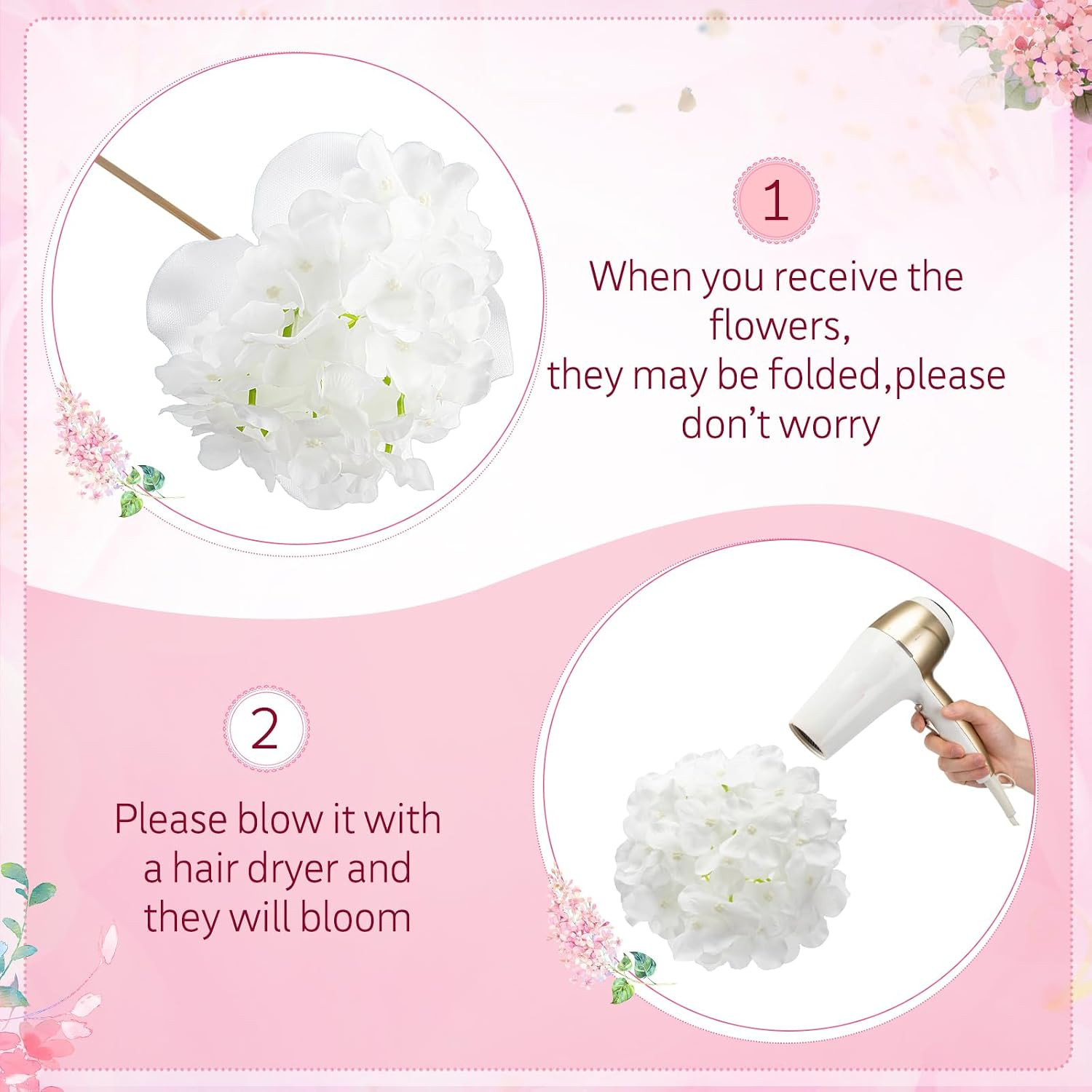 100 Pcs Artificial Hydrangea Flowers for Wedding & Home Decor (Pink, White)