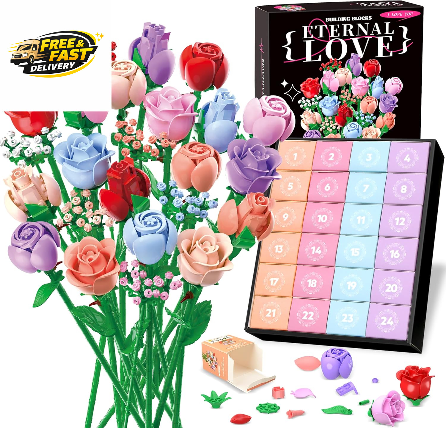 Colorful Rose Bouquet Flowers Building Set, 24 Boxes 1380Pcs Artificial Flowers