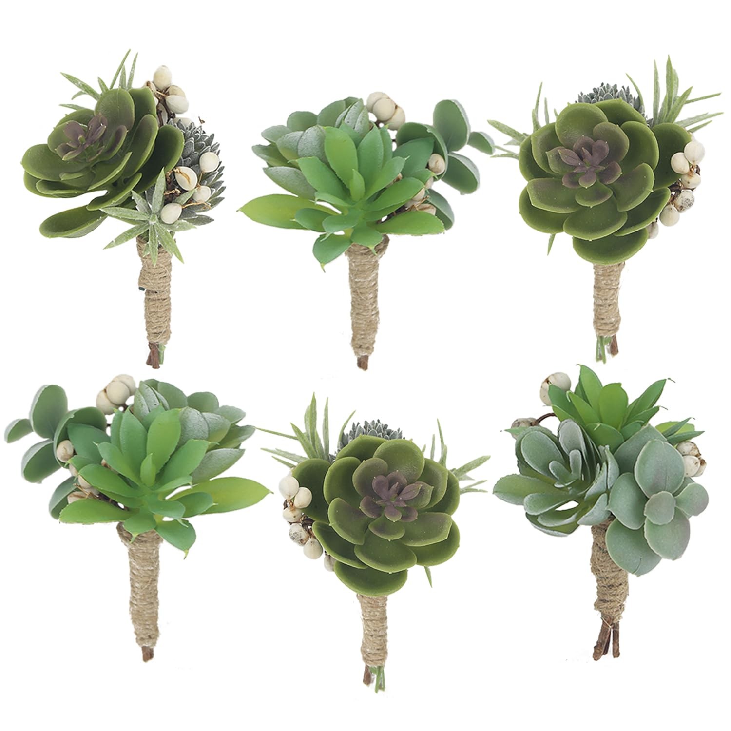 6 PCS Succulent Boutonnieres With Pins For Men Groom Wedding Prom Bridal