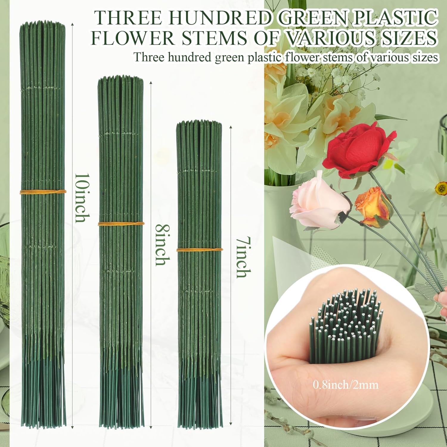 300pcs Artificial Flower Stems 6.7in、8in、10in Plastic Green Floral Wire Stems