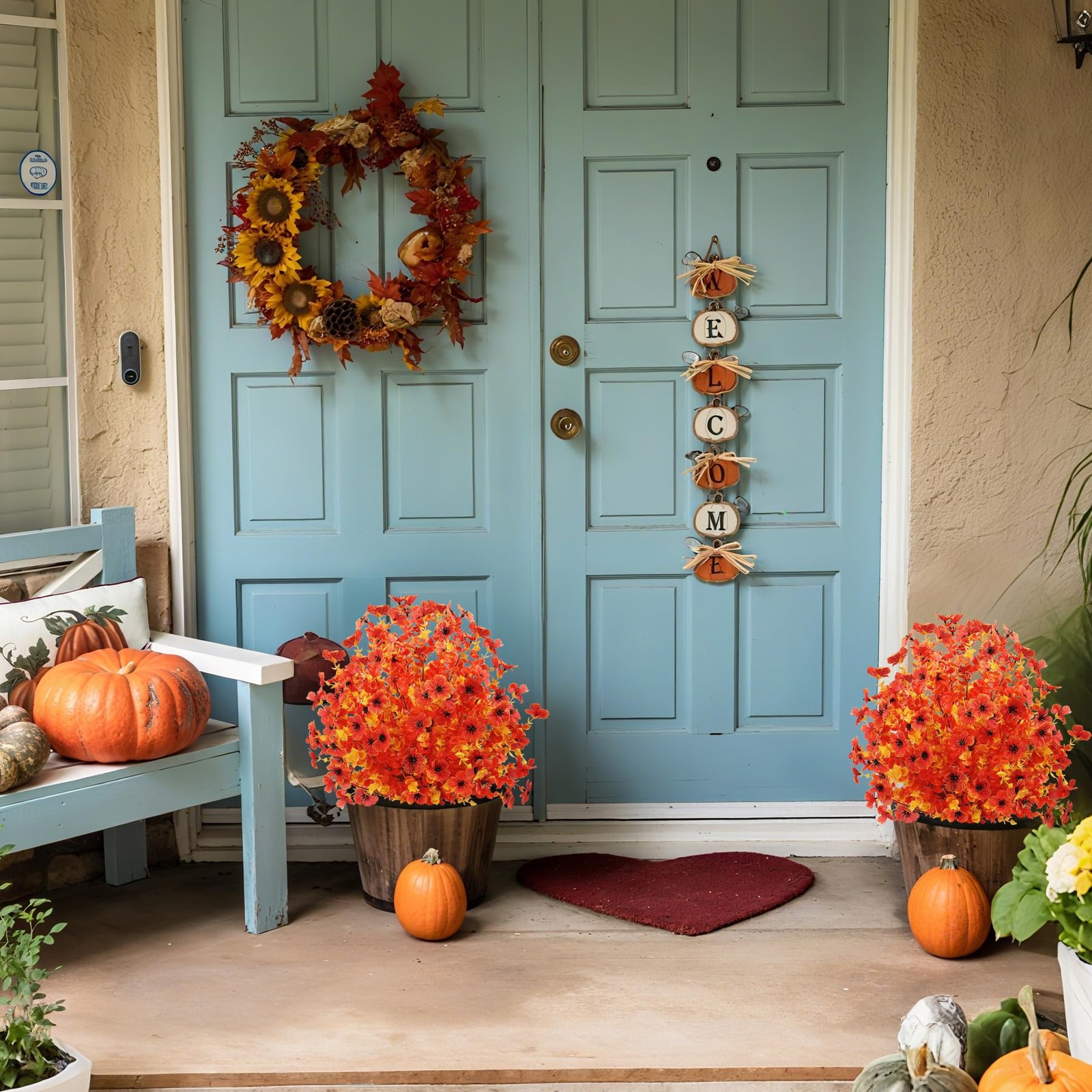 2pcs Fall Faux Shrub for Outdoor,23″ UV Resistant Mum Flowers Topiary Balls w…