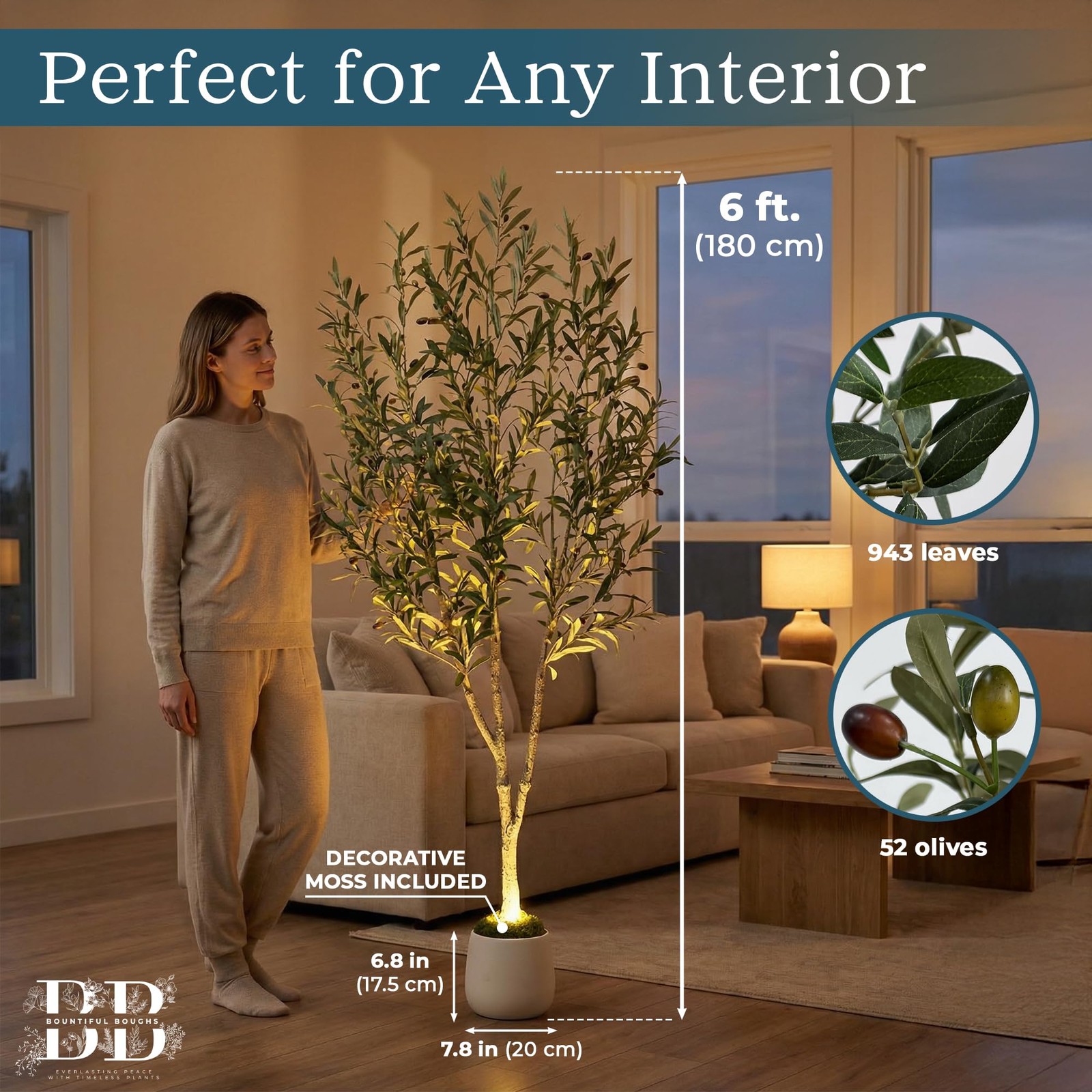 6ft (180 cm) Artificial Olive Tree with White Pot, Moss & USB LED – 943 Leave…