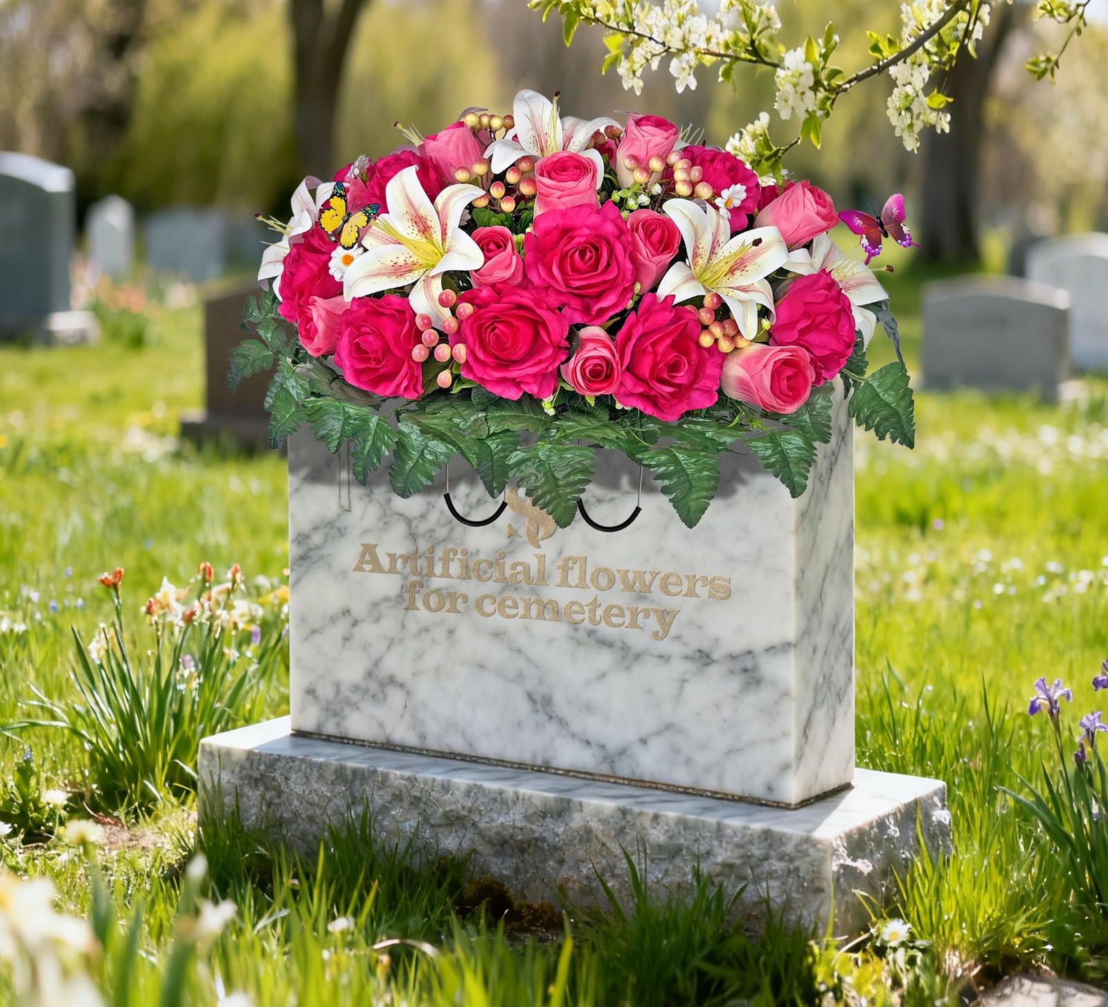 Artificial Cemetery Flowers – Headstone Flower Saddle – Outdoor Grave Decorat…