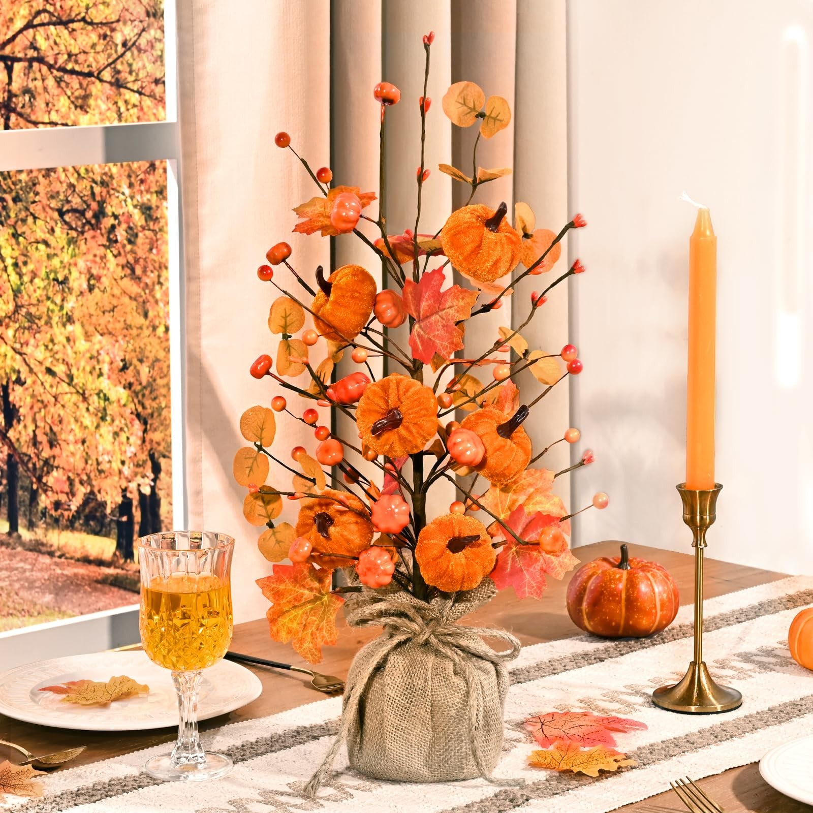 1 PC 18-Inch Artificial Pumpkin Maple Leaf Tree with Lights Fall Table Decor