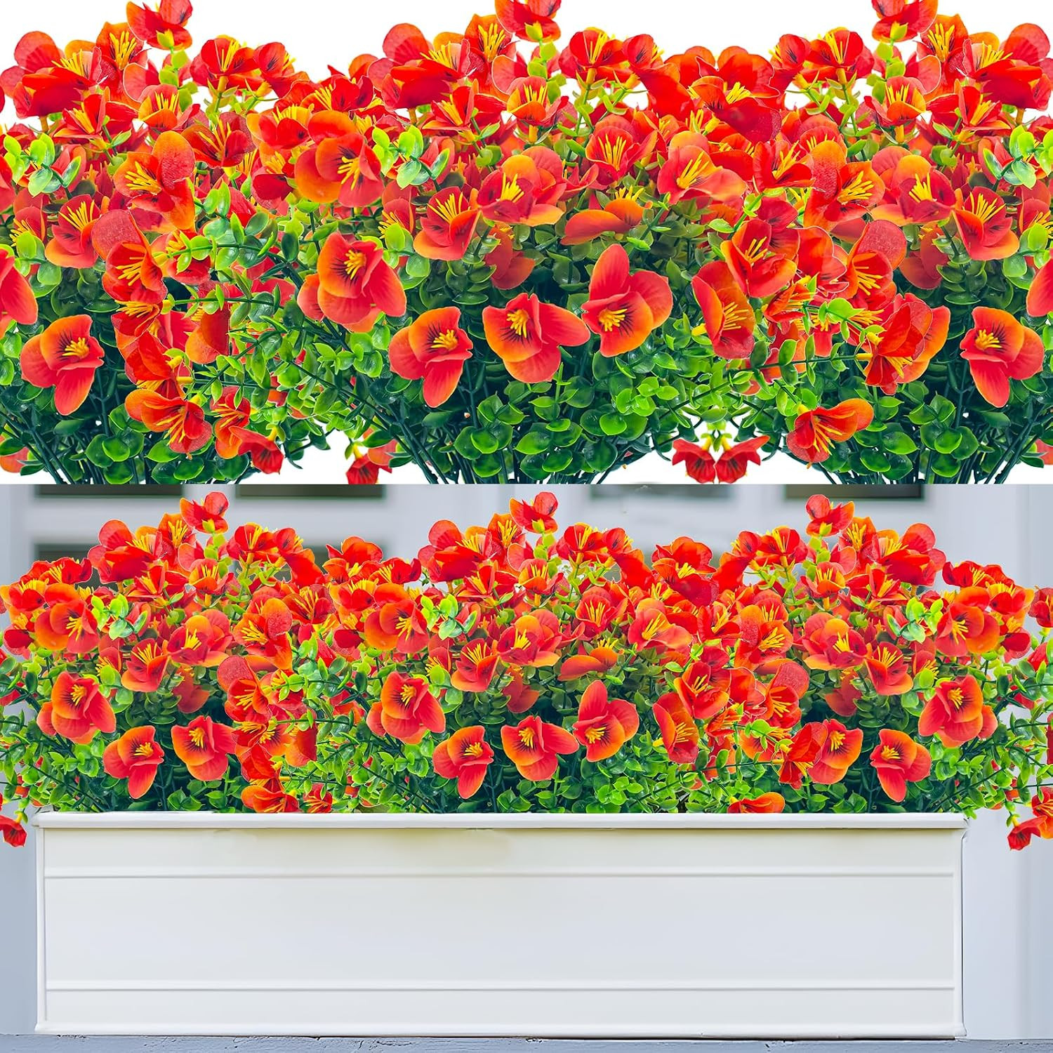 UV Resistant Faux Outdoor Flowers – 20 Bundles of Orange Red Shrubs