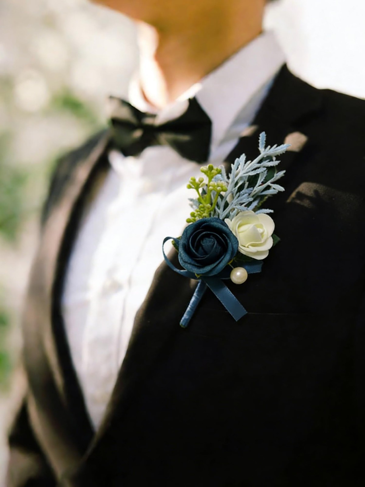 6 PCS Navy Blue Boutonniere for Men Groomsmen Guest Artificial Flowers