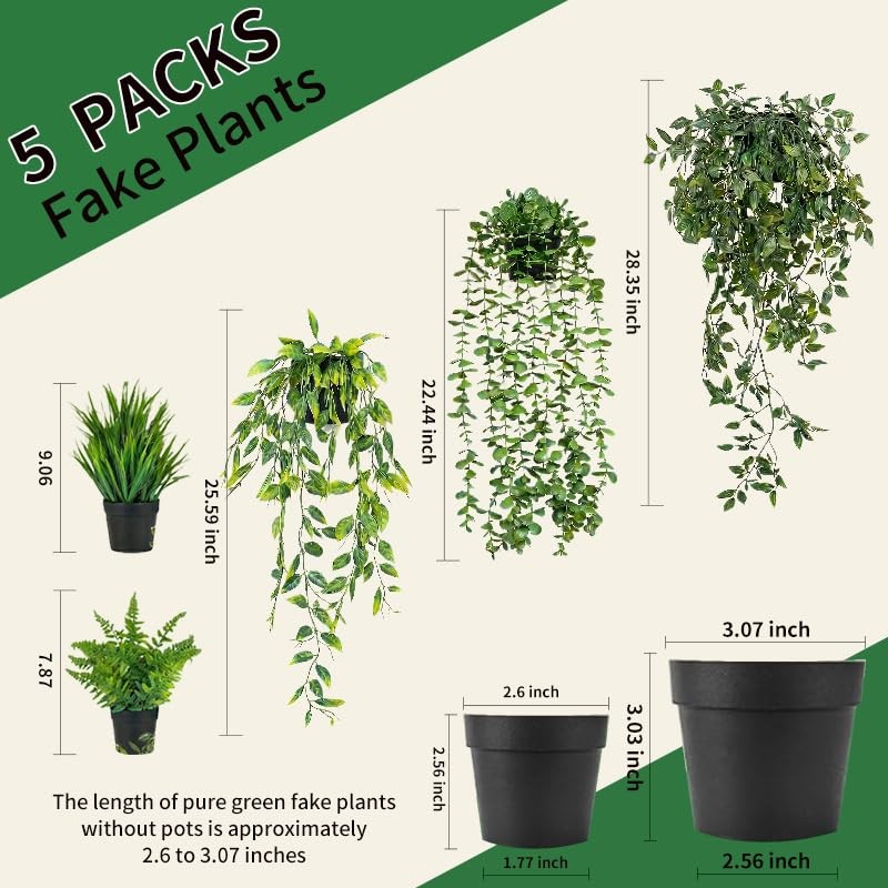 5 Pack Fake Plants – Artificial Hanging Plants & Small Potted Faux Eucalyptus…