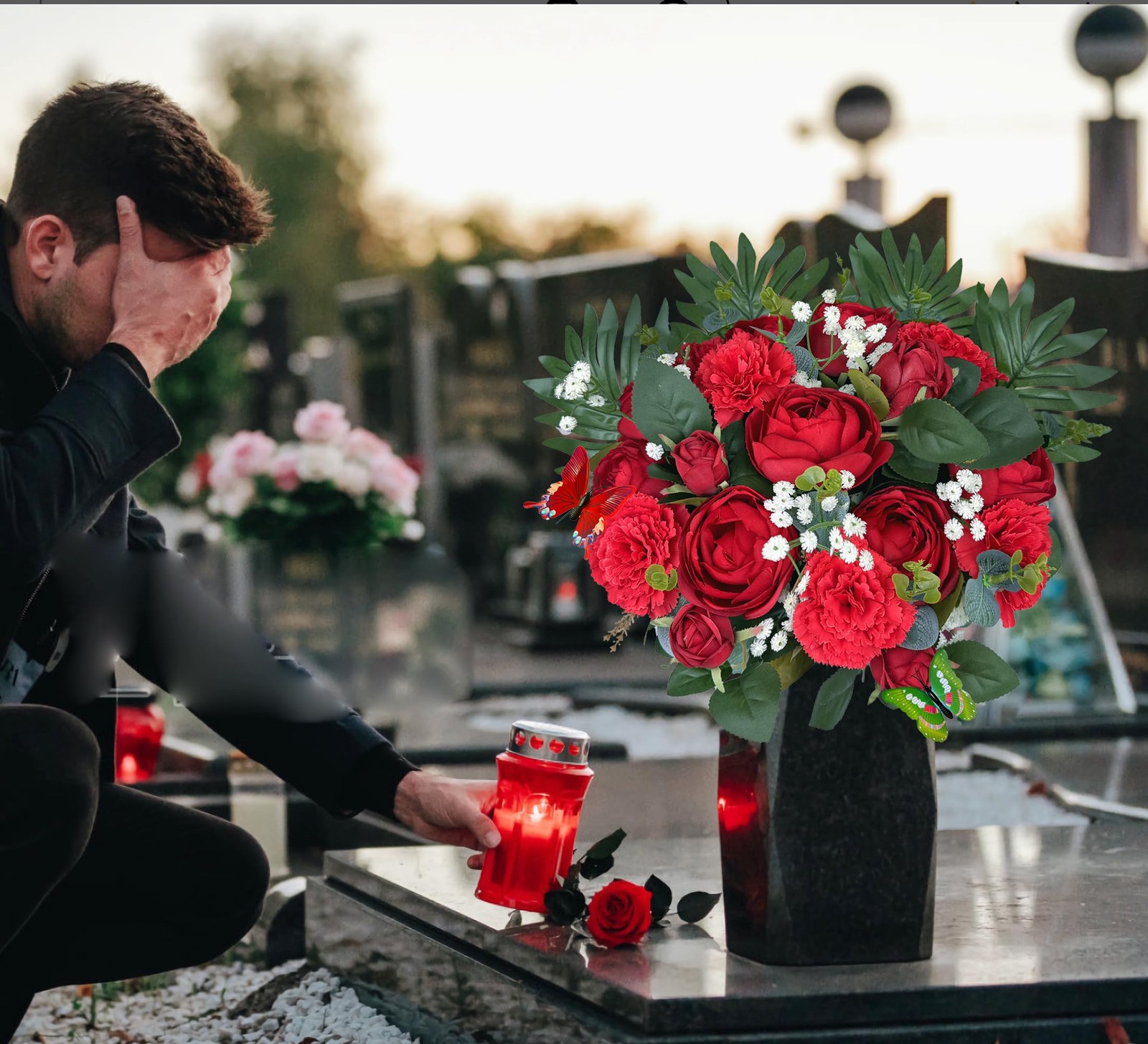 Artificial Cemetery Flowers with Vase for Grave Decorations,Rose Camellia Car…