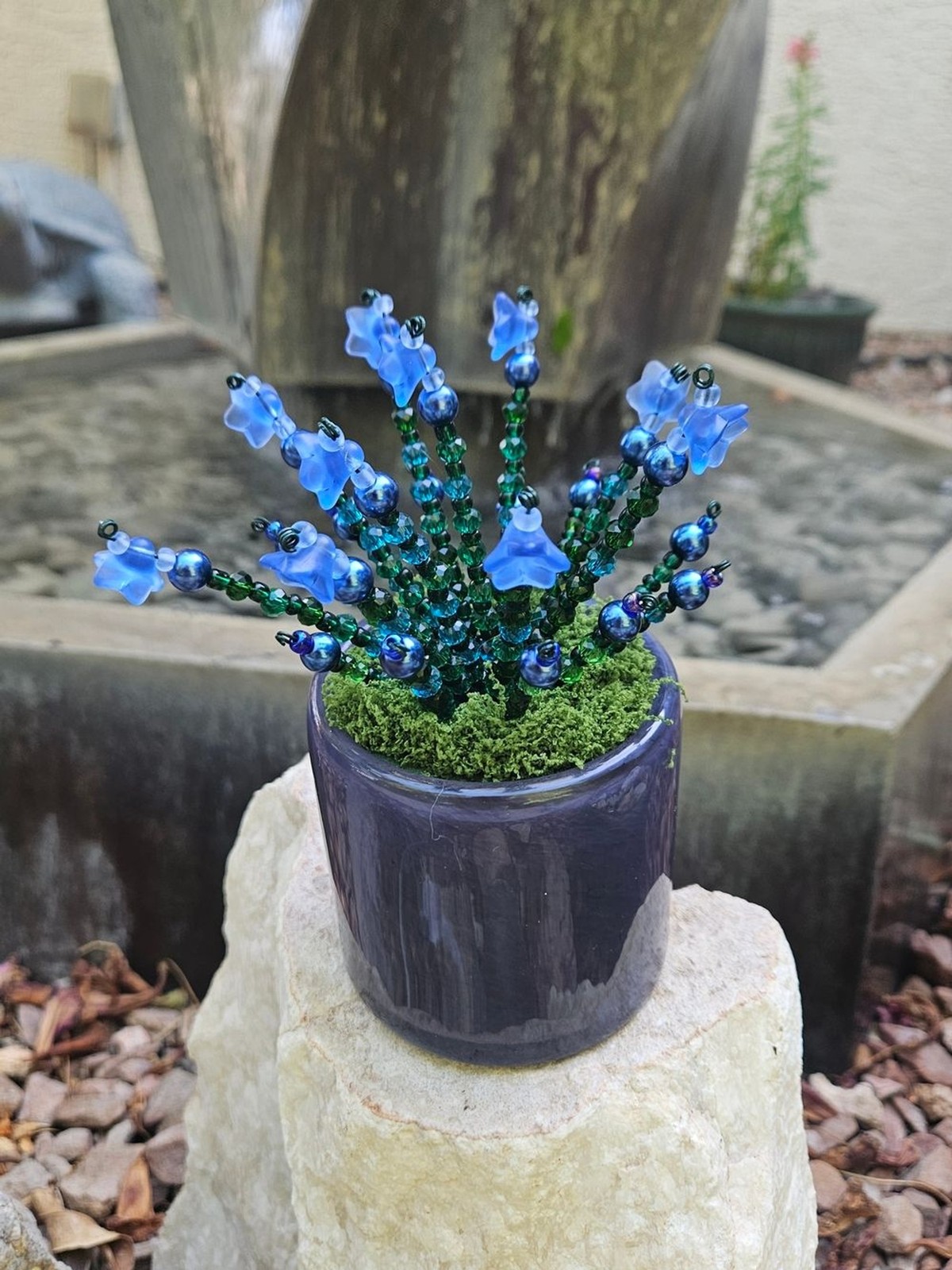 Handcrafted Blue Bead Floral Accent in Dark Blue Planter
