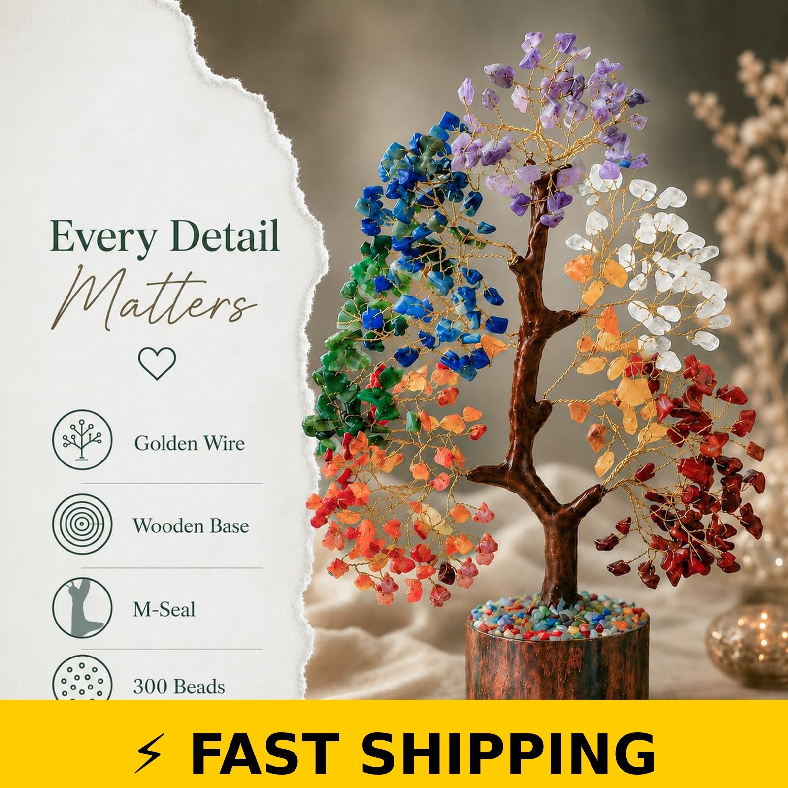 Crocon 7 Chakra Crystal Tree of Life, 10-12 Inch Healing Decor