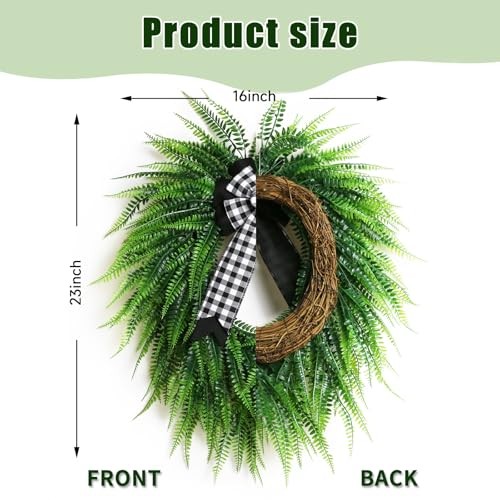 Wreaths for Front Door,22″ Spring Summer Greenery Boston Fern Leaf for Outdoor
