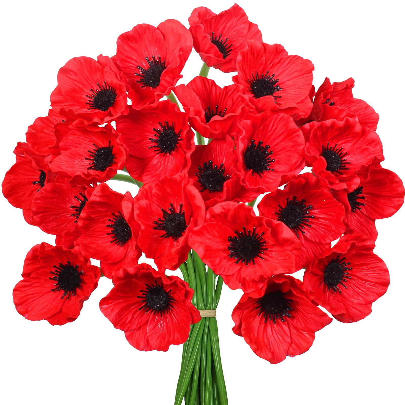 24 Pcs Artificial Red Flower Stems Pu Real Touch Flower Fake Flowers In Red With