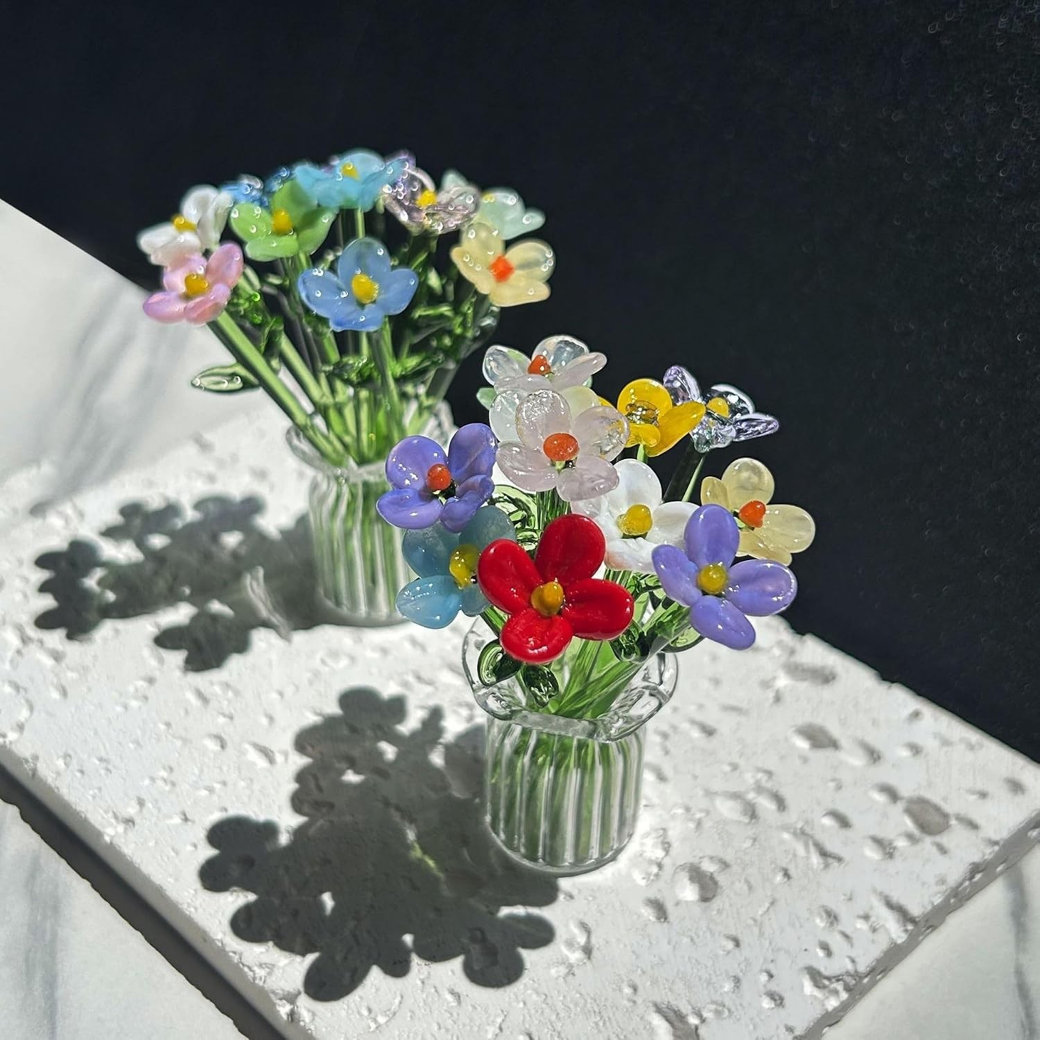 14Pcs Mini Glass Flowers Bouquet Colorful Hand Blown Glass Flower with Vase Arti
