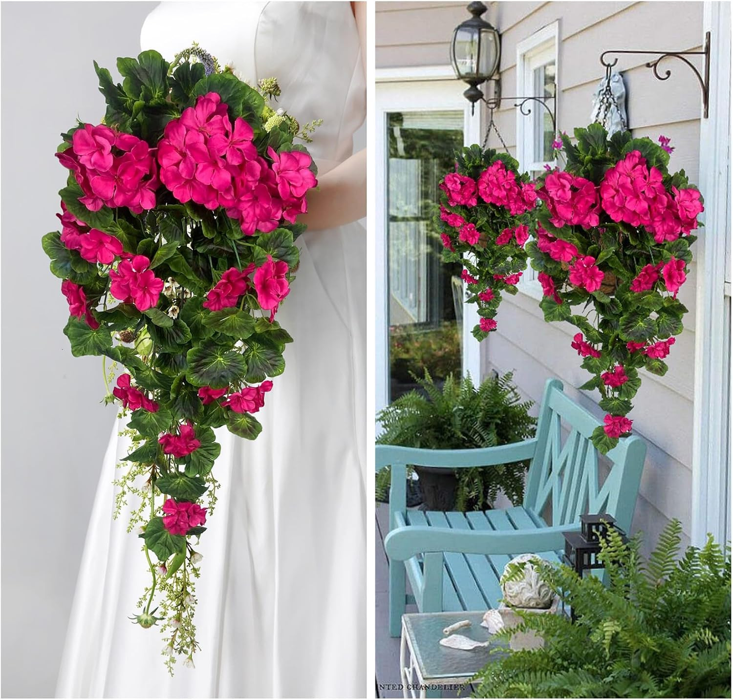 Fuchsia Artificial Geraniums Hanging Bundles – 2 Pack for Home & Garden Decor