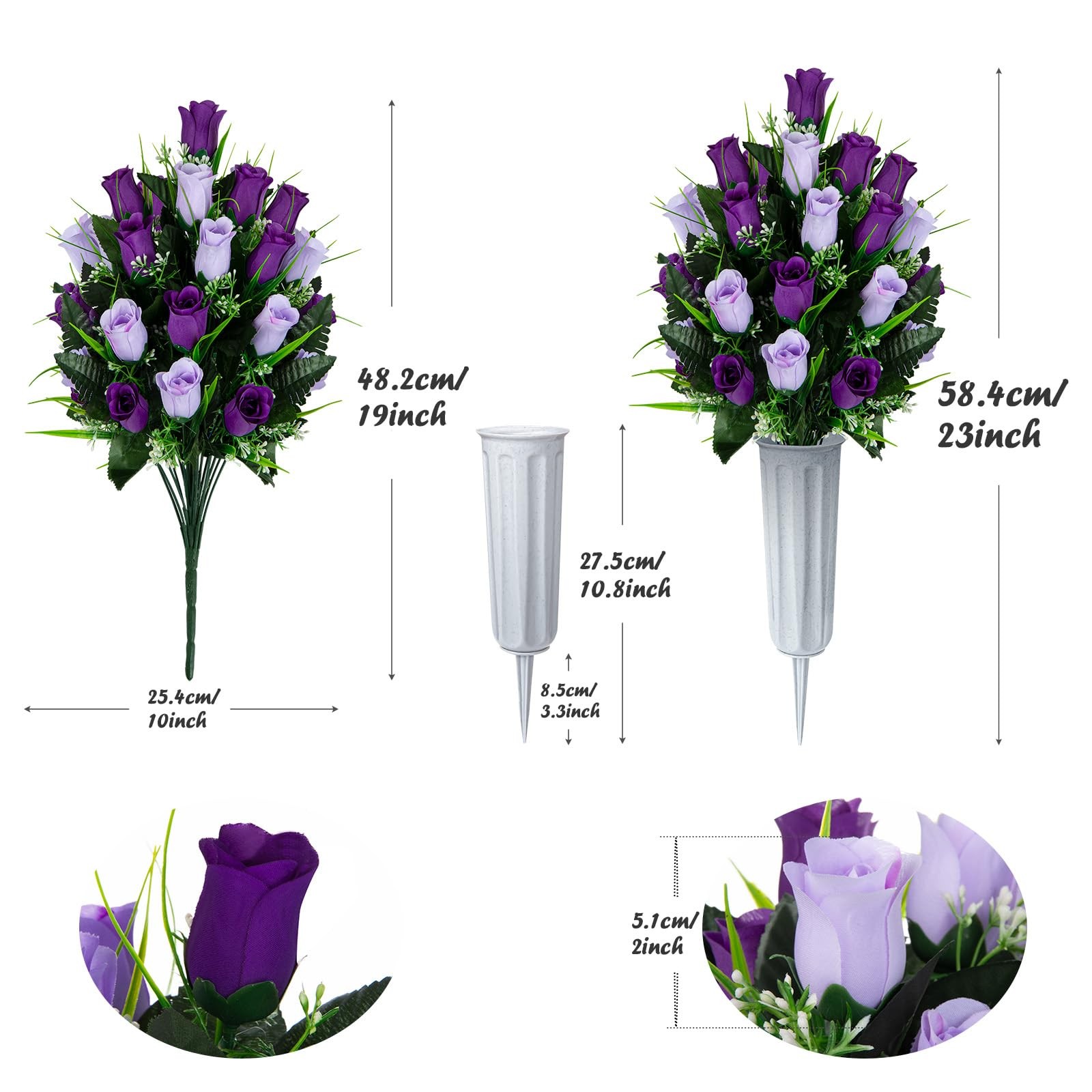 Artificial Cemetery Flowers – Set of 2 Grave Memorial Rose Flowers with Vase …