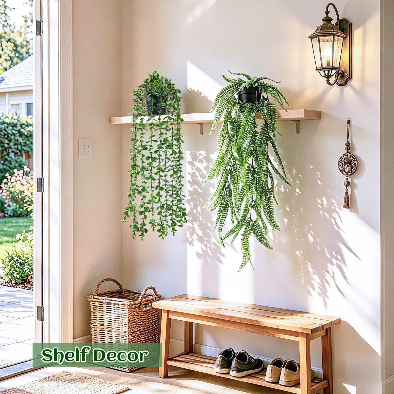 4Pcs Artificial Hanging Plants – Faux Ivy, Eucalyptus, Boston Fern, String of Pe