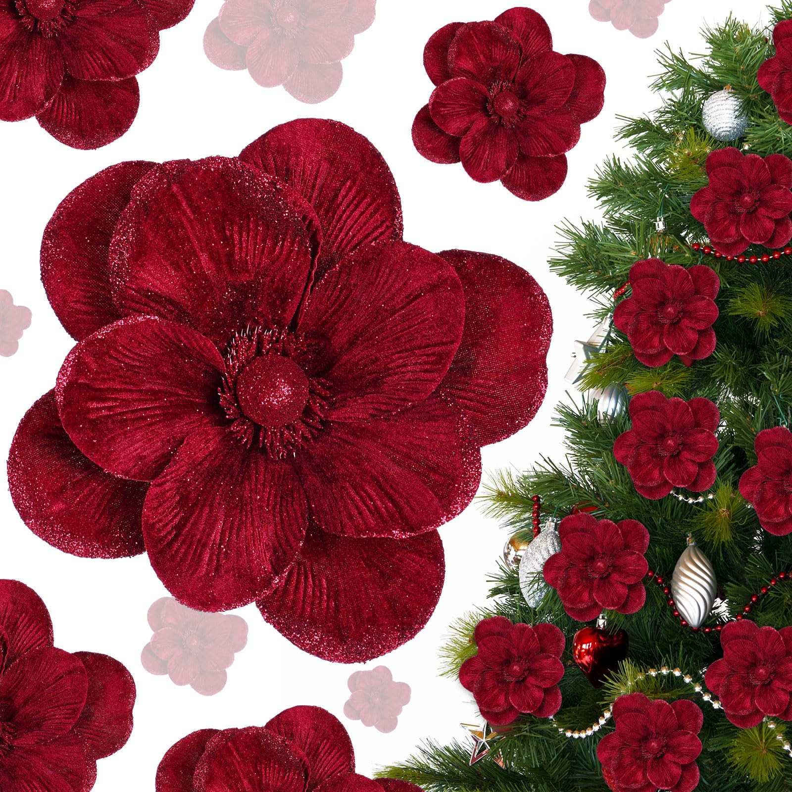 18 PCS Large Velvet Christmas Poinsettia Magnolia Flower Ornament Glitter Red