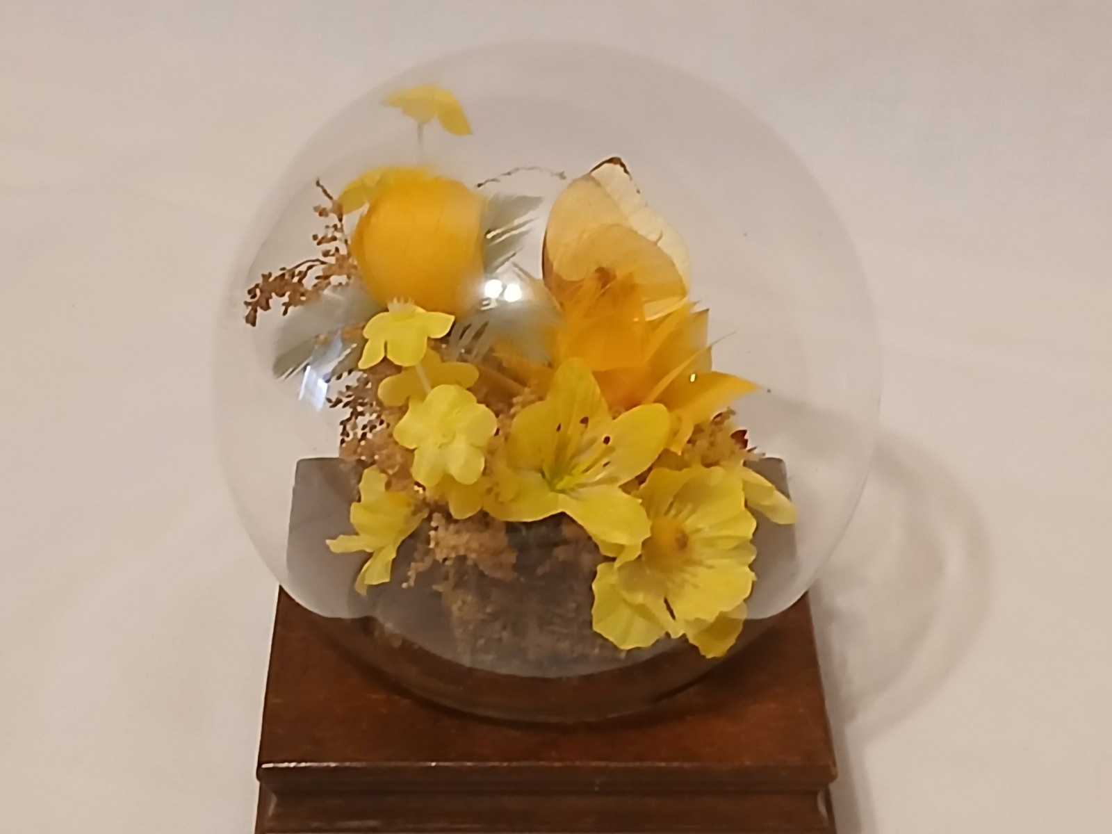 Vintage PENCO Glass Dome Terrarium w/ faux silk flowers & butterfly- 19″ around