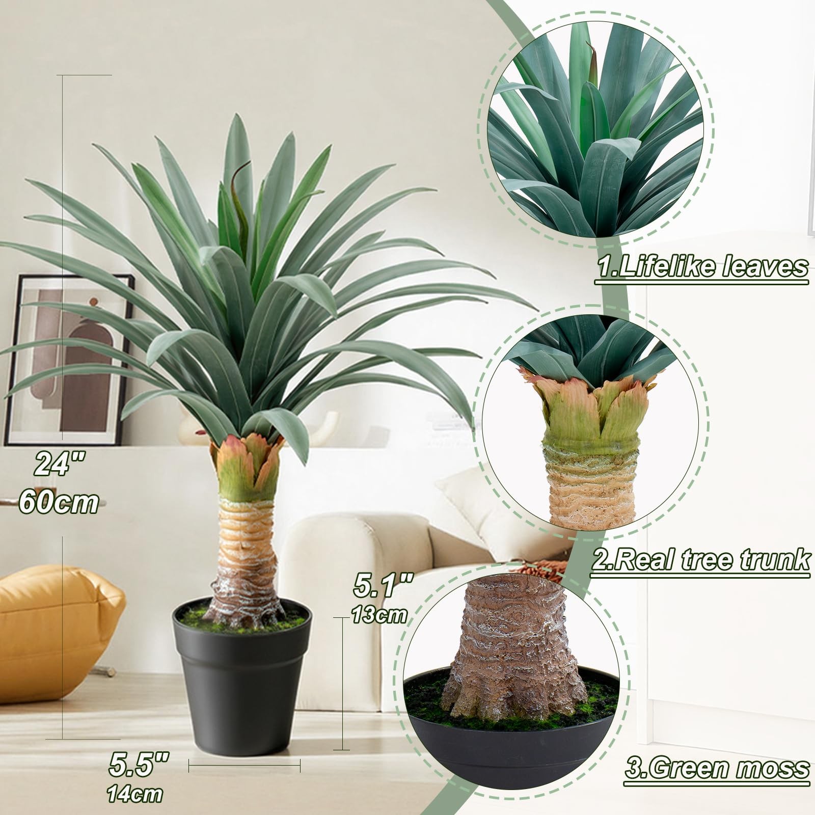 Gray Leaves Artificial Agave Plant with 36 Leaves, 23.62in for Indoor & Outdo…