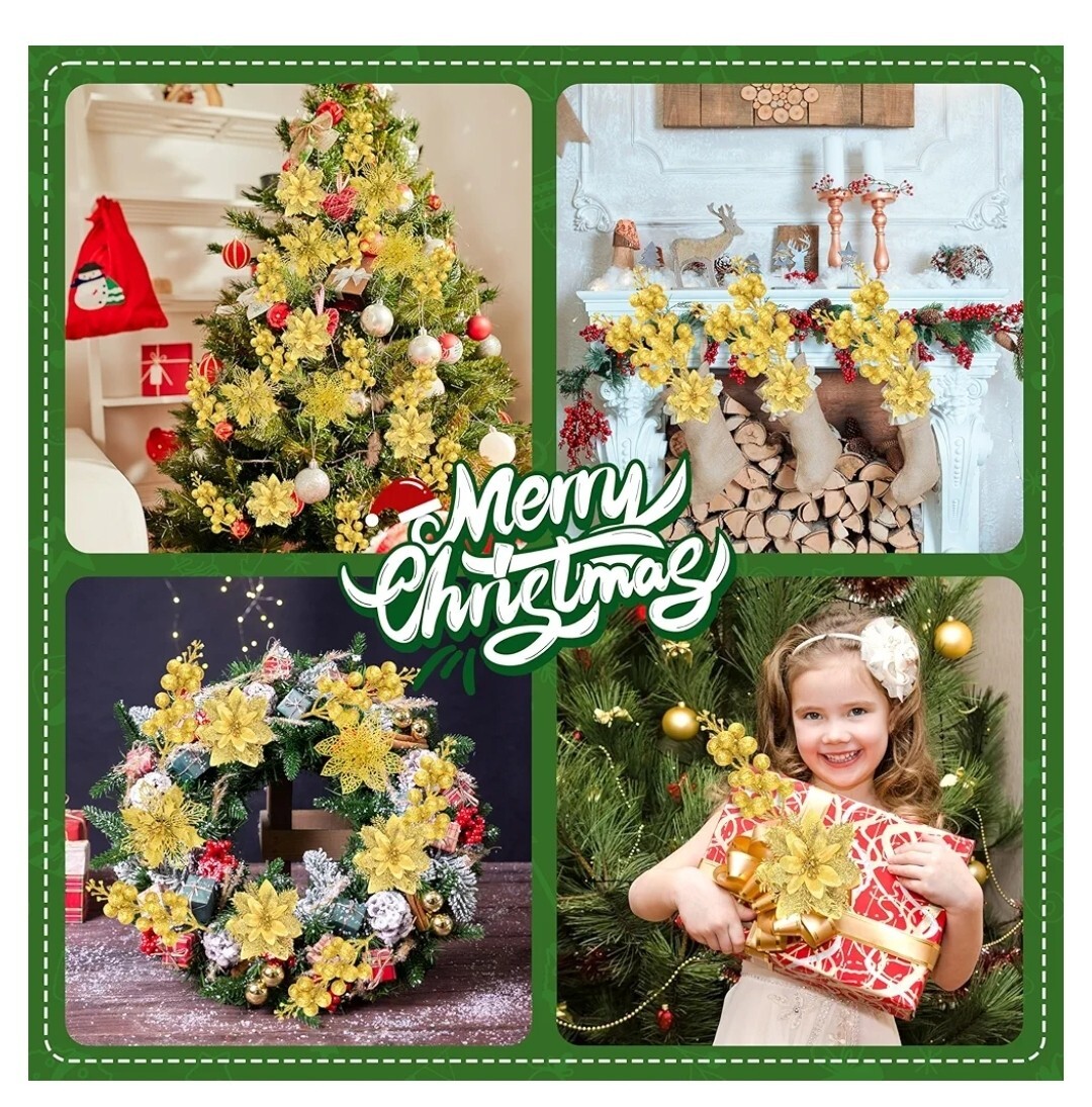 36 Pcs Christmas Gold Glitter Poinsettia Flowers Artificial Flower Ornaments NO