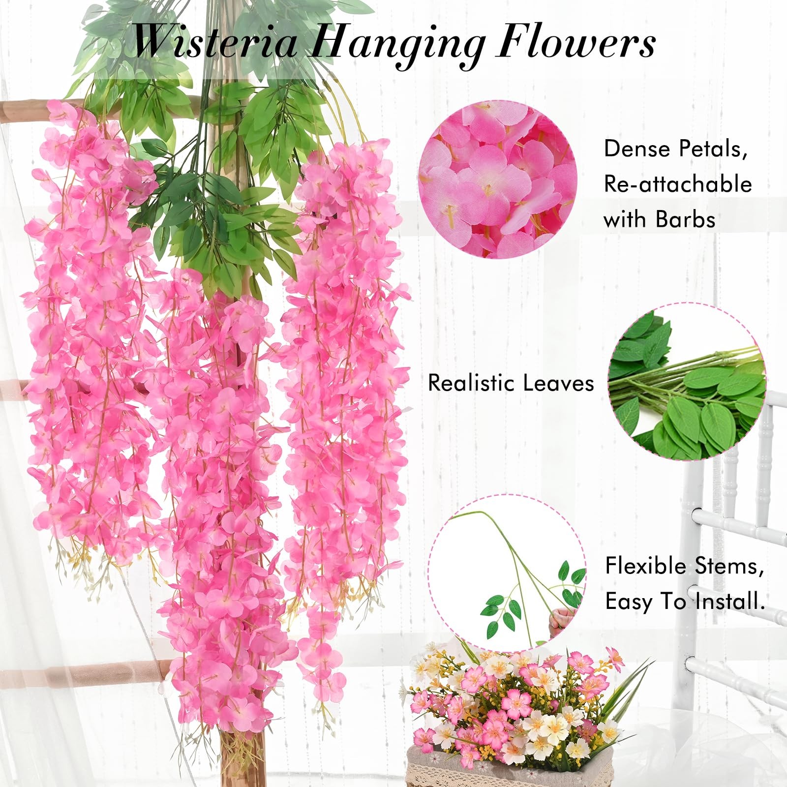 40 PCS 3.6 Ft Pink Artificial Wisteria Hanging Flowers Fake Vines Party Decor