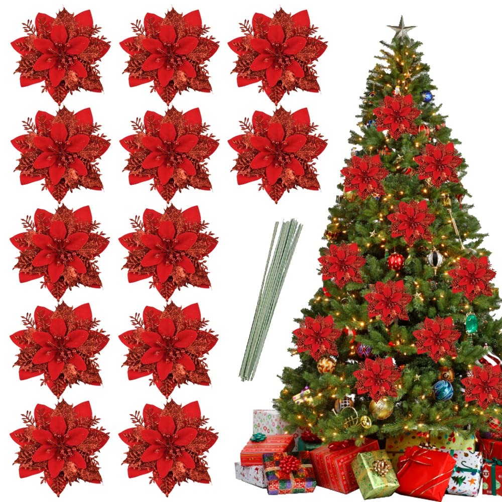 12 PCS Red Christmas Glitter Artificial Poinsettia Flowers Wreath Tree Decor