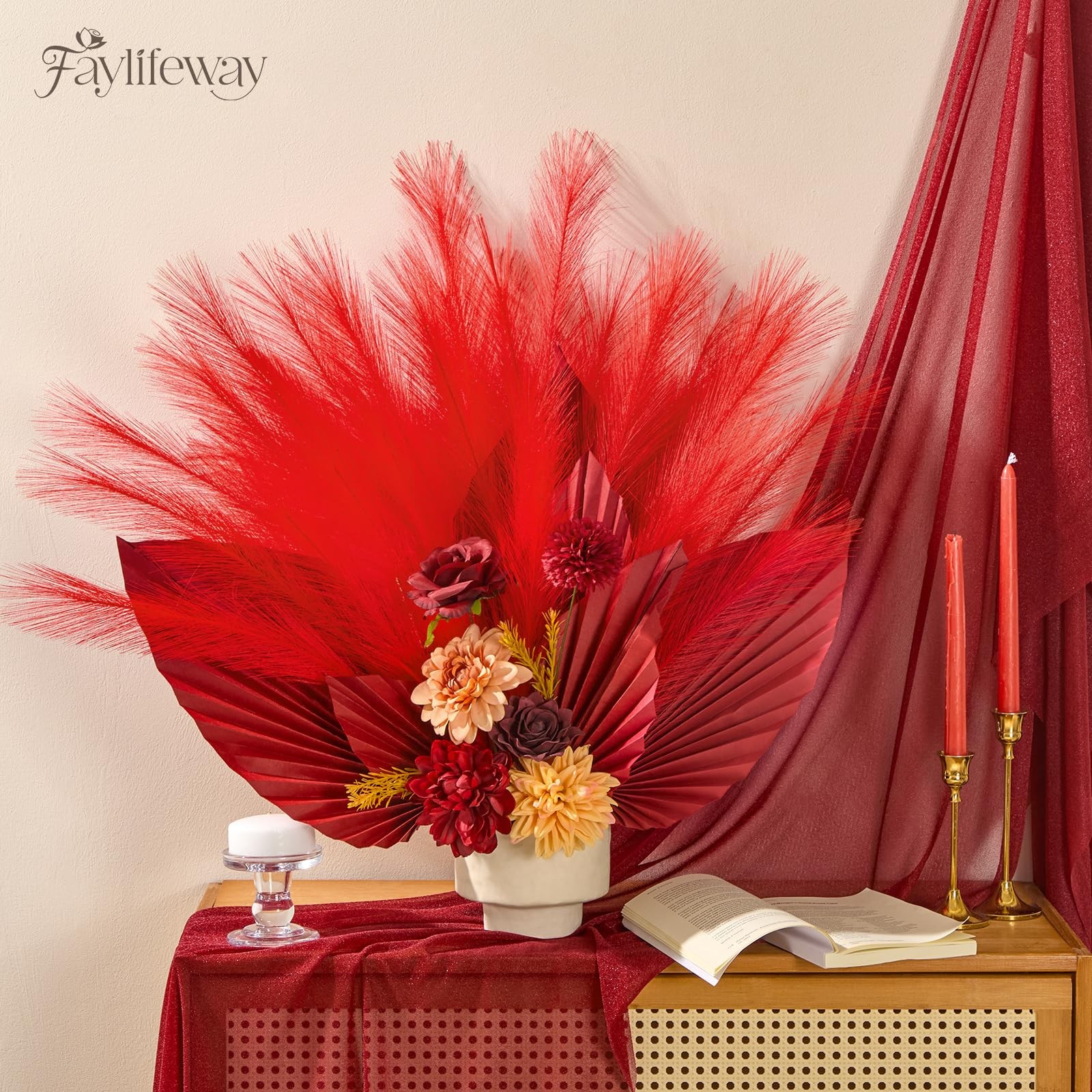 50 PCS Red Pampas Grass, 17in Pampas Grass Decor, Artificial Pompas Wall Deco…