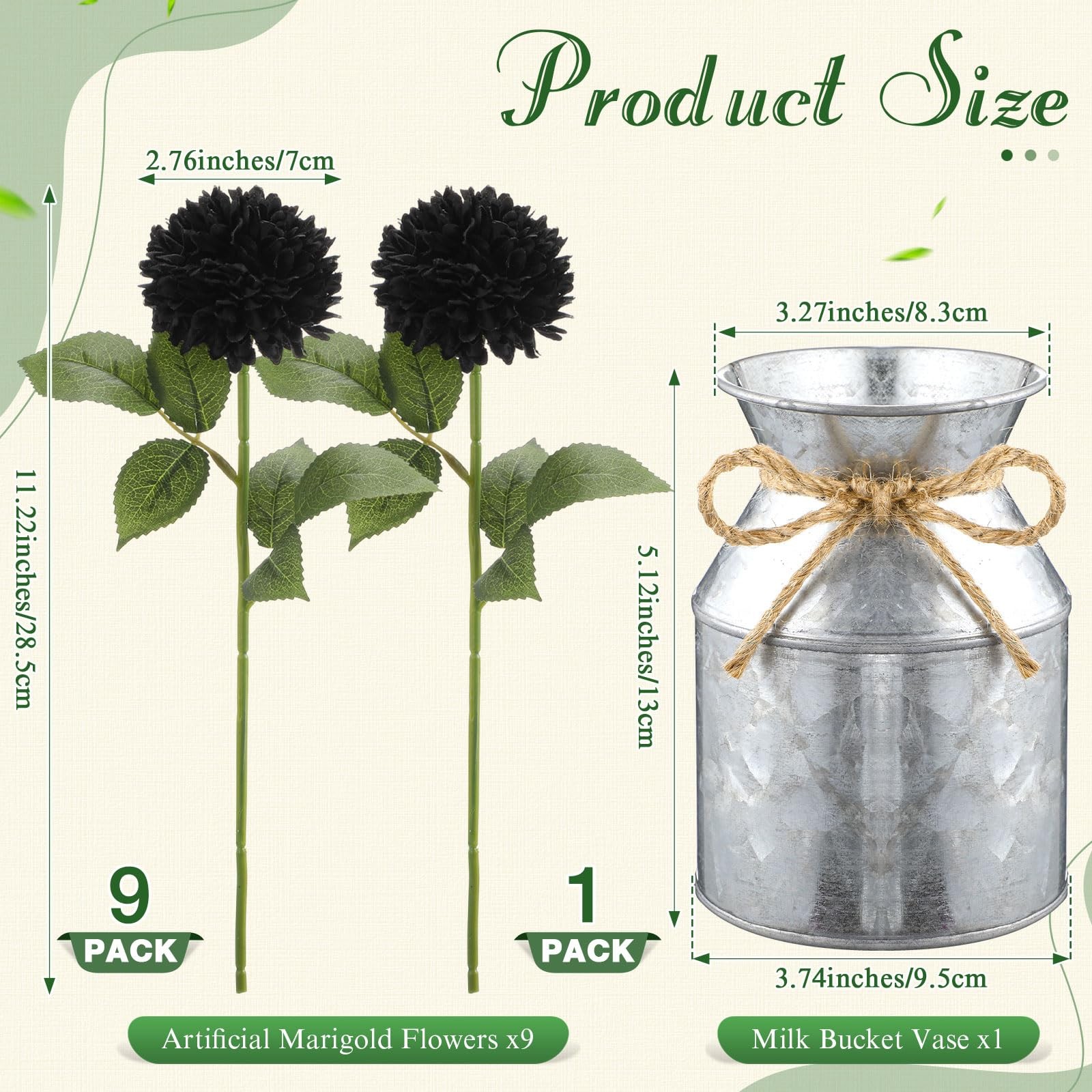 9 PCS Artificial Marigold Silk Flowers Metal Pot Day of The Dead Decor Black