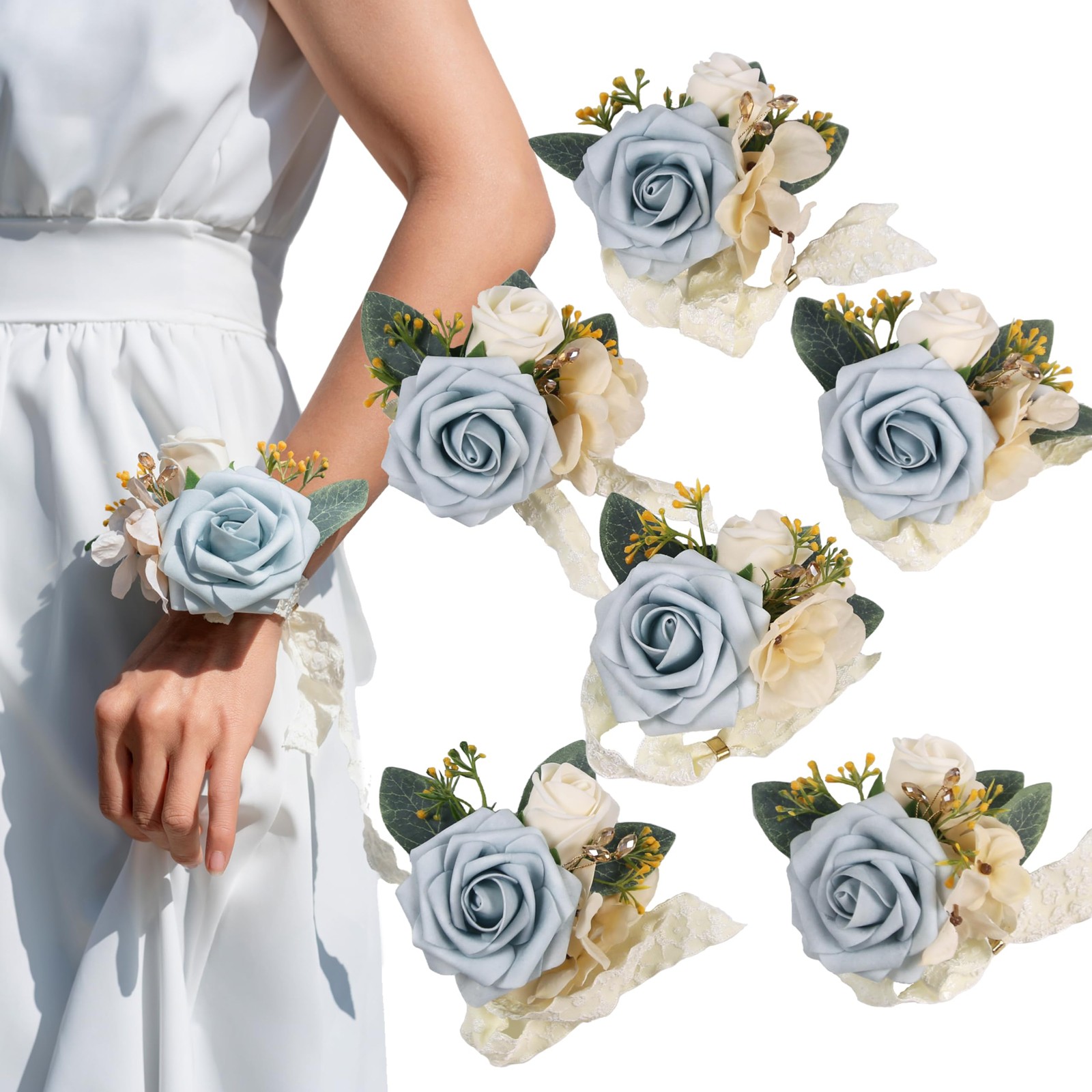6 PCS Dusty Blue Corsage Wedding Wrist Prom Party Hand Flower Decor Prop