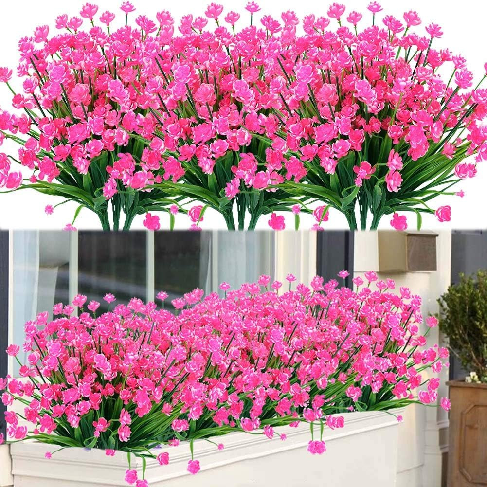 8 Bundles Outdoor Artificial Fake Flowers UV Resistant Shrubs Plants, Faux Plast
