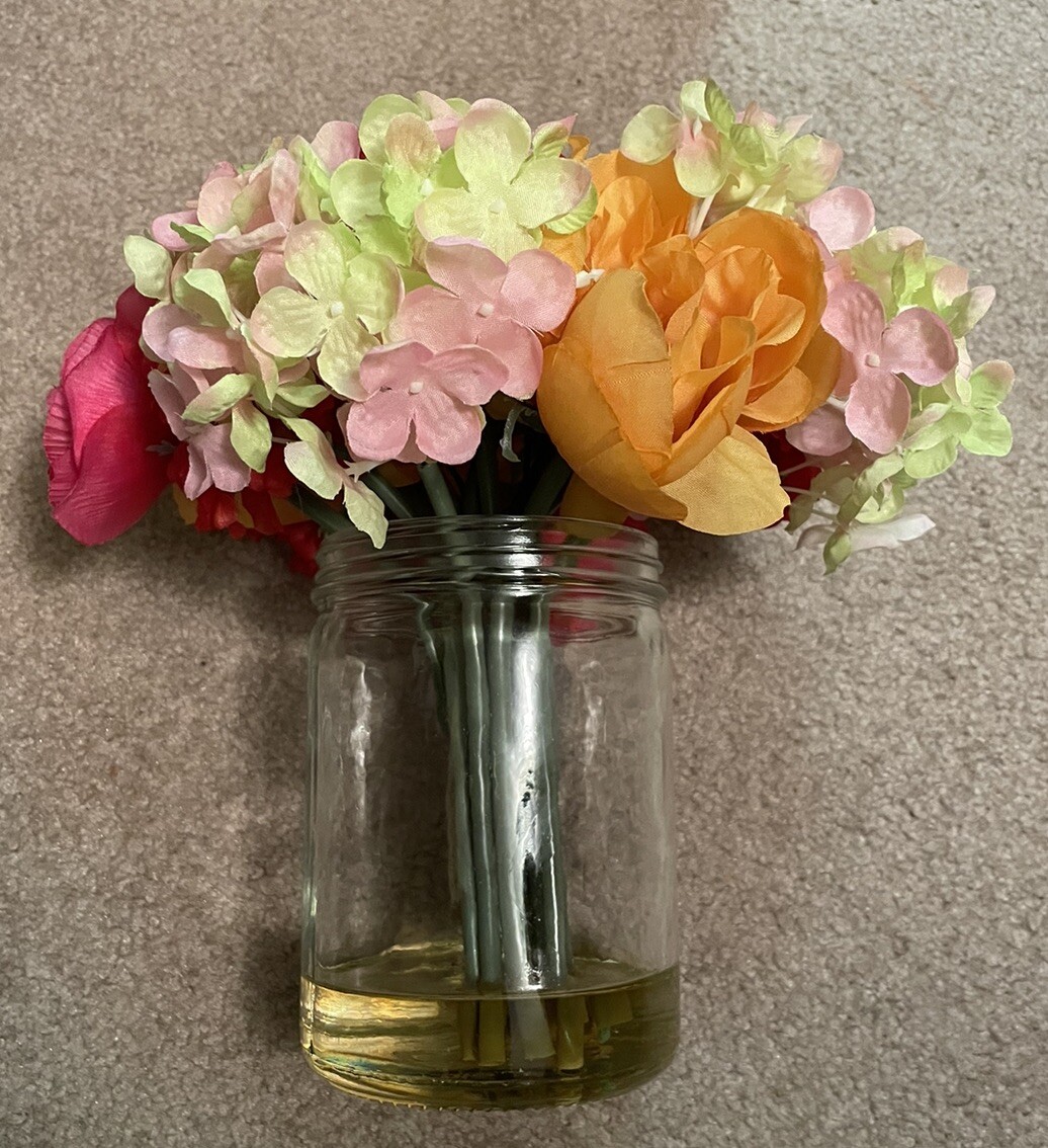 Flower Arrangement Silk Centerpiece Glass Vase Faux Water Colorful Pink Orange