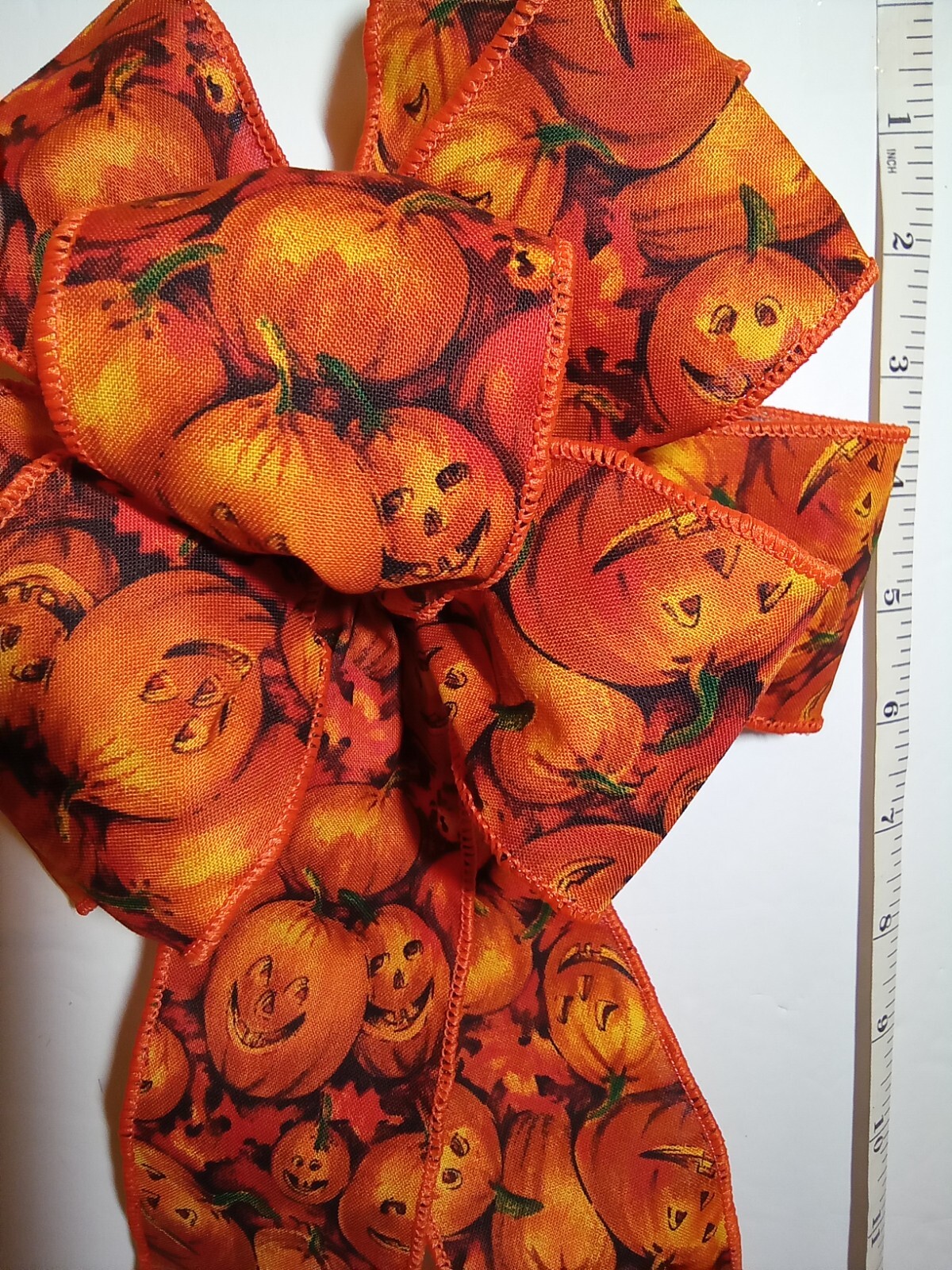 FALL HALLOWEEN BOW Pumpkins JOL faces hand tied 8-1/2″ size 9 loops wreath dec.