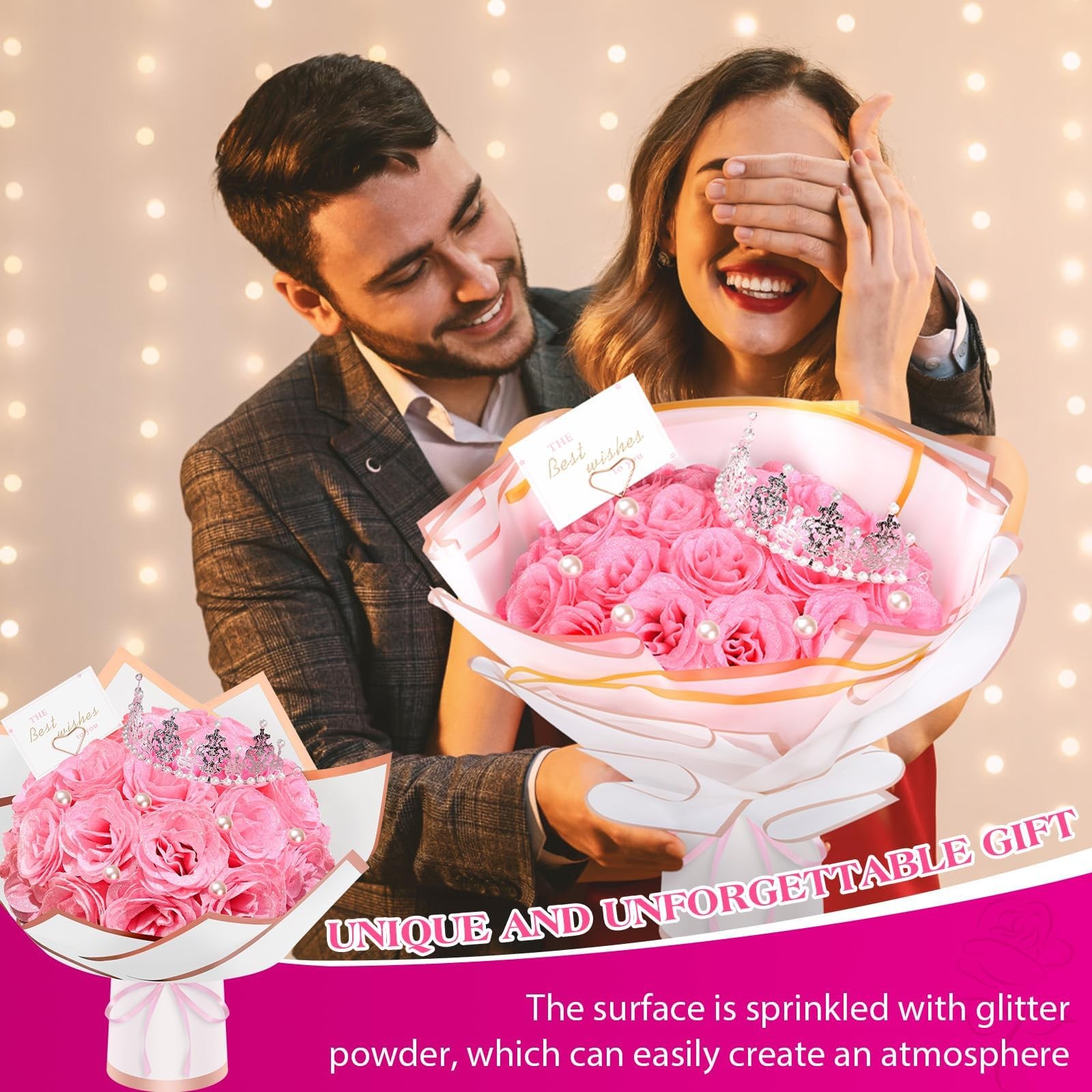 Glitter Roses Bouquet,24 Pcs Pink Flower Bouquet,Gifts for ,DIY Artificial Fl…
