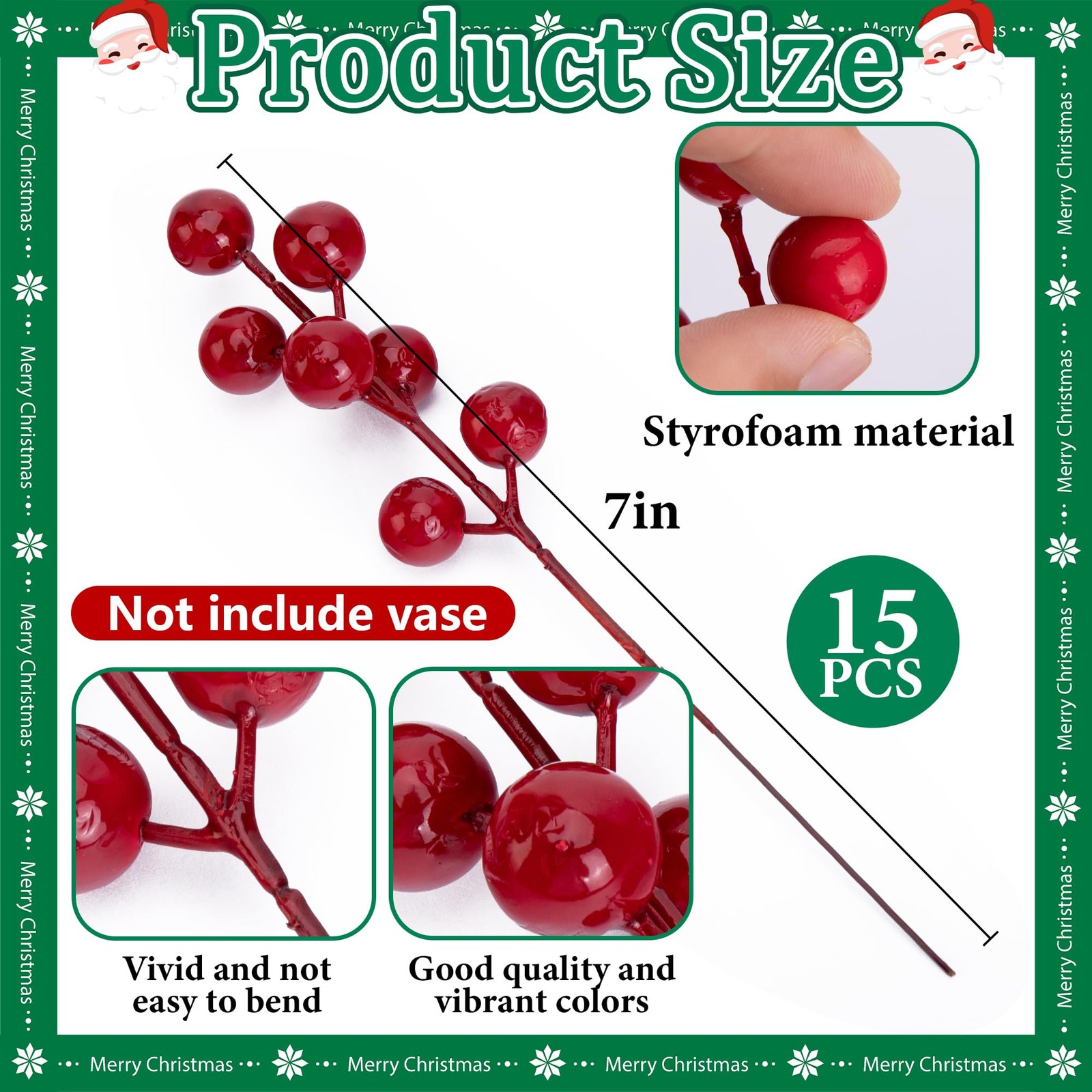 60 Pcs Artificial Pine Branches Red Berry Stems 10.5 Inch Christmas Decor
