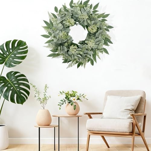 24 Inch Artificial Eucalyptus Fern Wreath, Lush All Year Round Greenery for