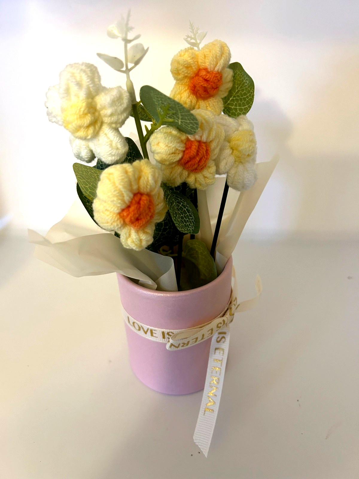 Knitted White/Lt Yellow Flower Bouquet “Love is Eternal” Ribbon All Occasion
