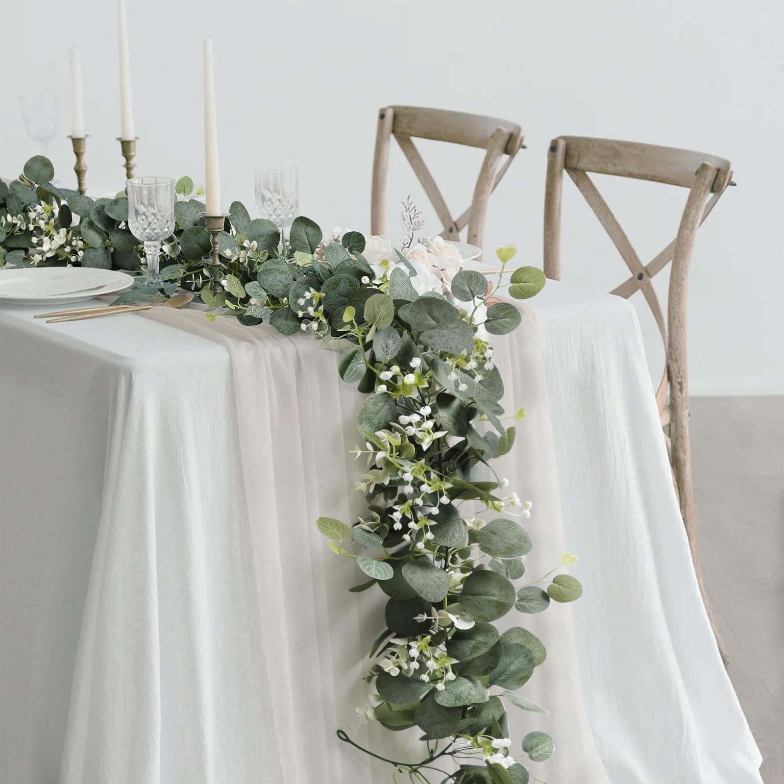 Artificial Eucalyptus Garland with White Flowers 2 Packs 5.9Ft Silver Dollar …