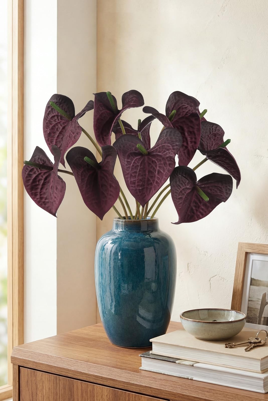 10pcs Burgundy Anthurium Artificial Flowers, 23.6″ Burgundy Flowers Artificia…