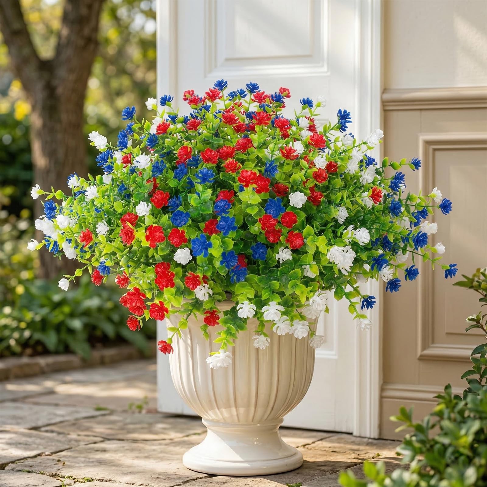 12 Pcs UV Resistant Faux Flowers – Patriotic Red, White, Blue for 4th of July De