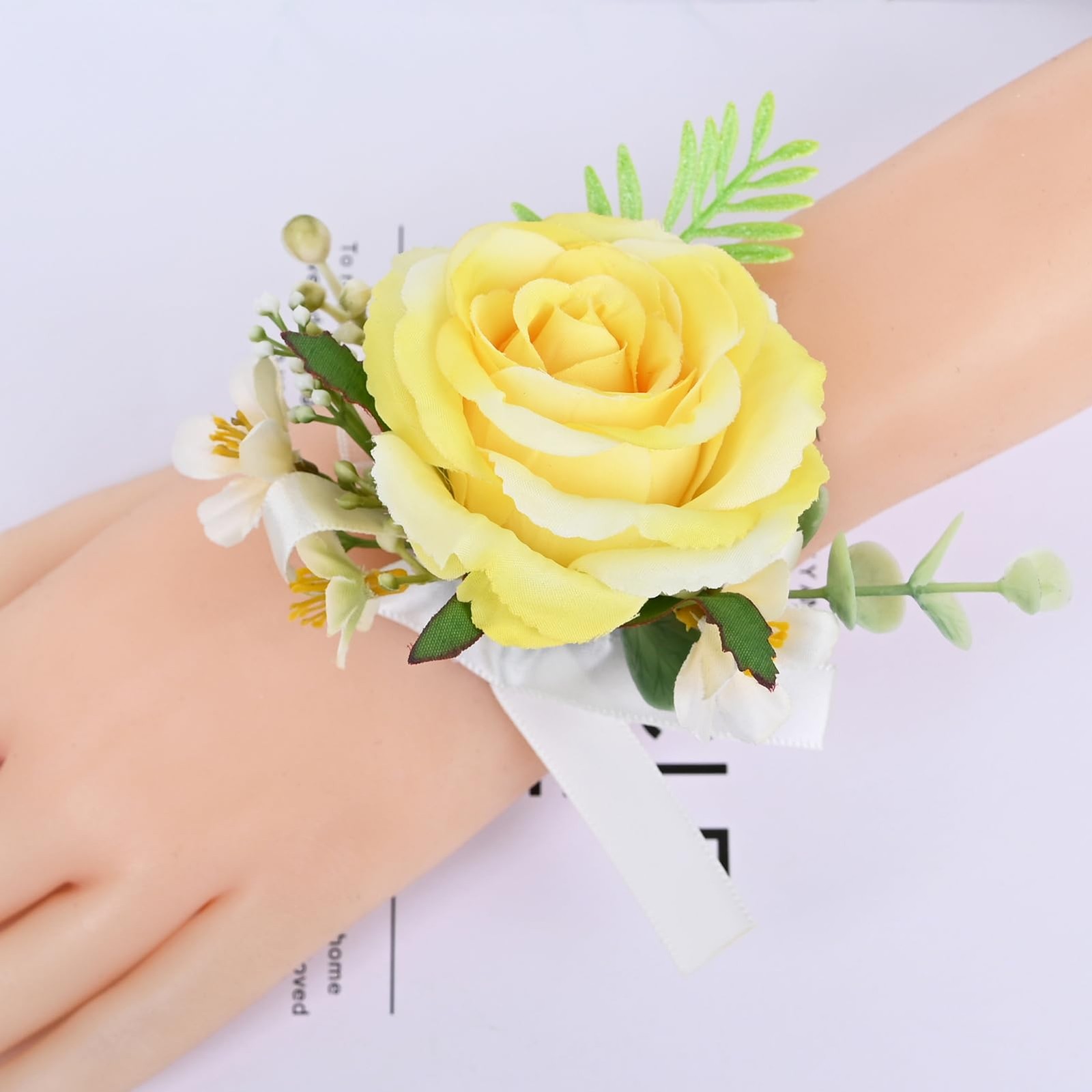 2 Pieces Artificial Flower Wrist Corsage and Boutonniere Set Yellow Wedding