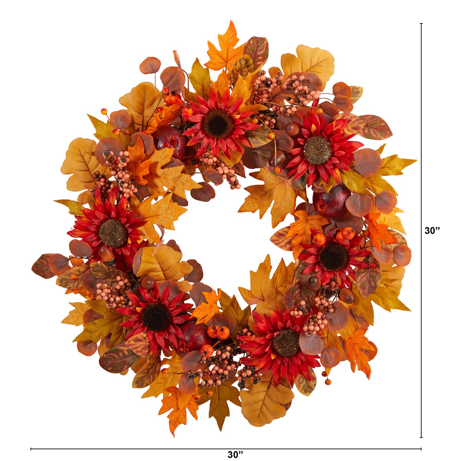 30″ Fall Acorn/Sunflower/Berries and Autumn Foliage Artificial Wreath in Orange