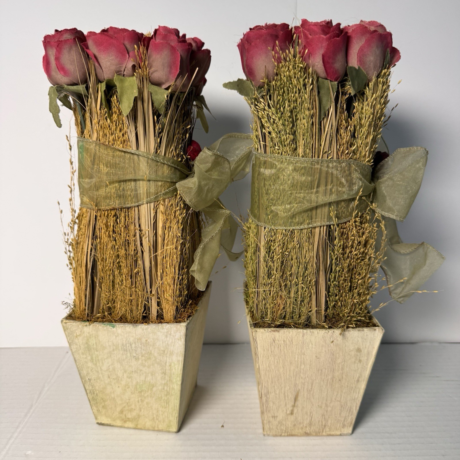 Decorative Pair Of Rose Bud Bundles With Greenery And Wood Box Containers
