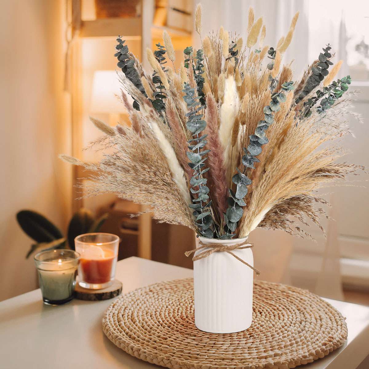110Pcs Dried Pampas Grass Bouquet, Natural Eucalyptus Bunny Tail Boho Home Decor