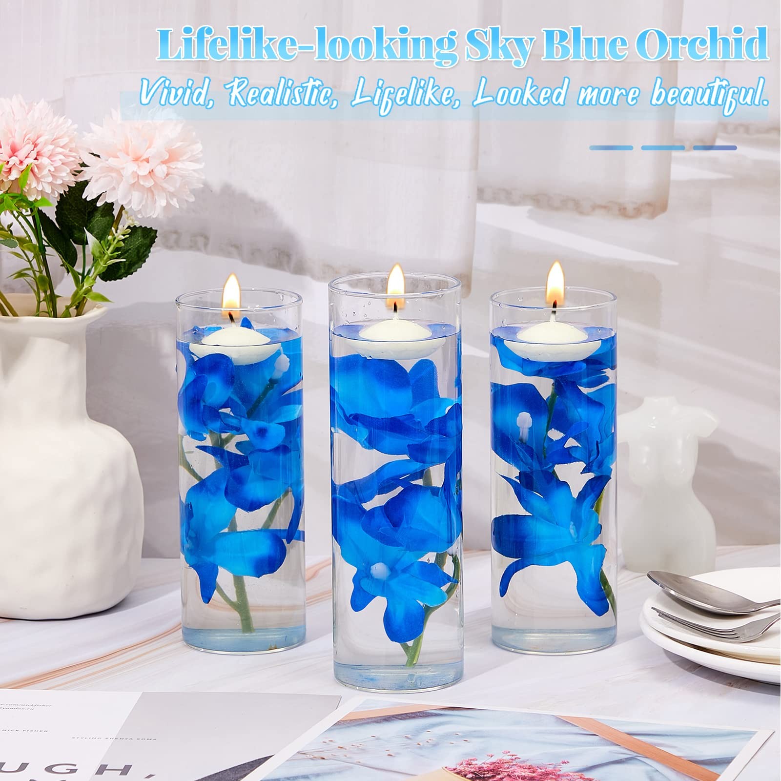 16 Pieces Orchid Faux Flowers Floating Candles Centerpiece Wedding Table Cent…