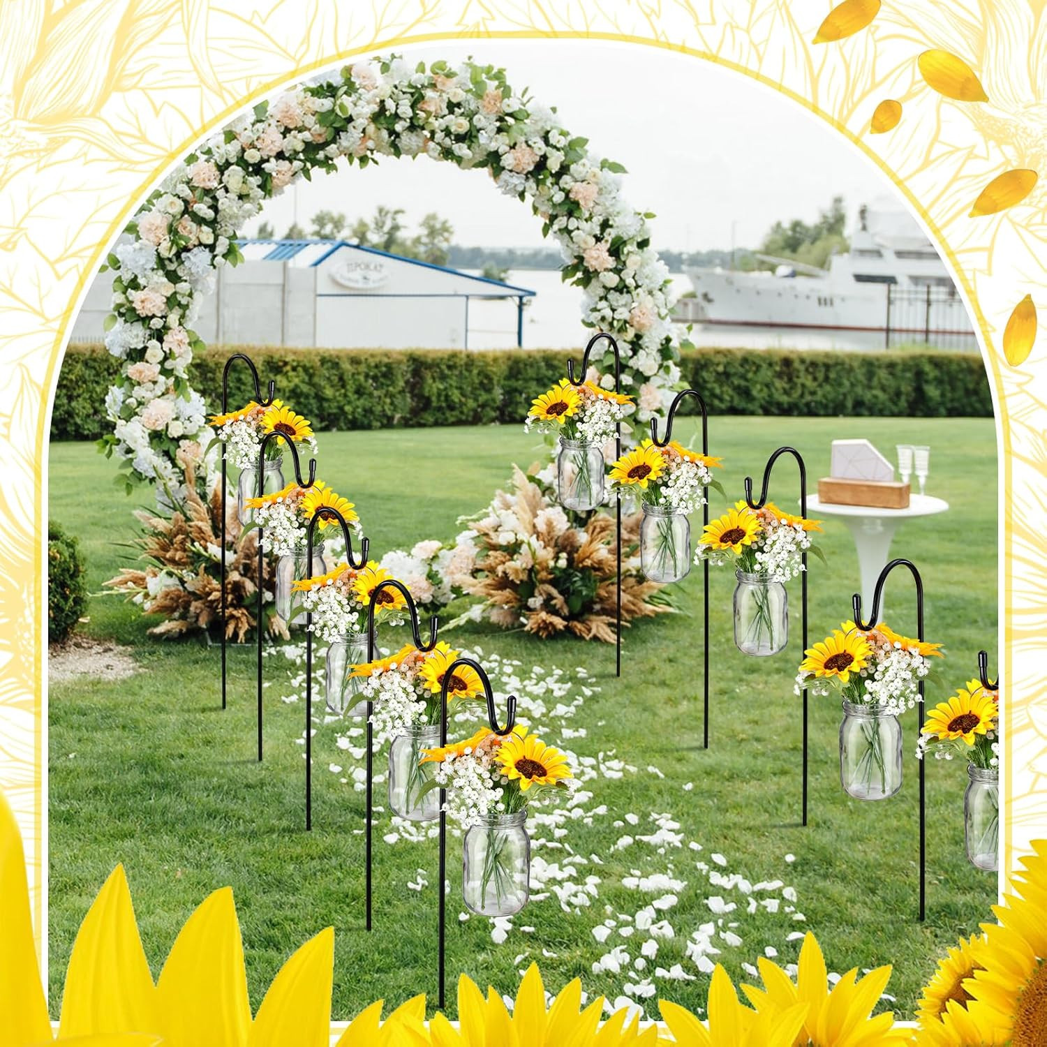 Sunflower Mason Jar Wedding Decor Kit with Shepherd Hooks – 108 Pcs Set