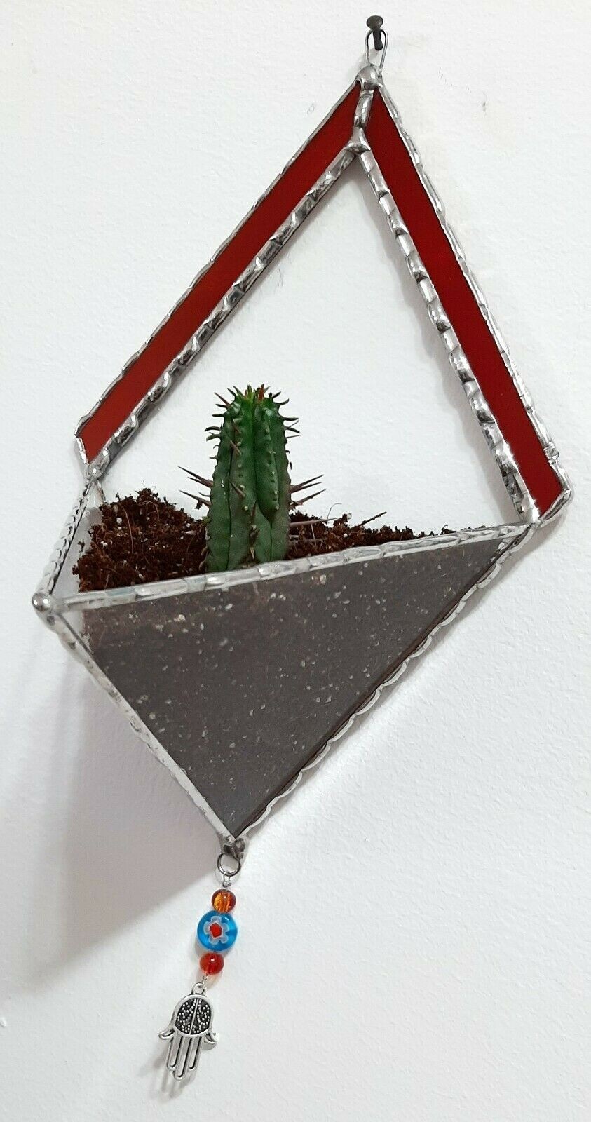 Transparent Terrarium in Shaped of Diamond Stained Glass with Red frame