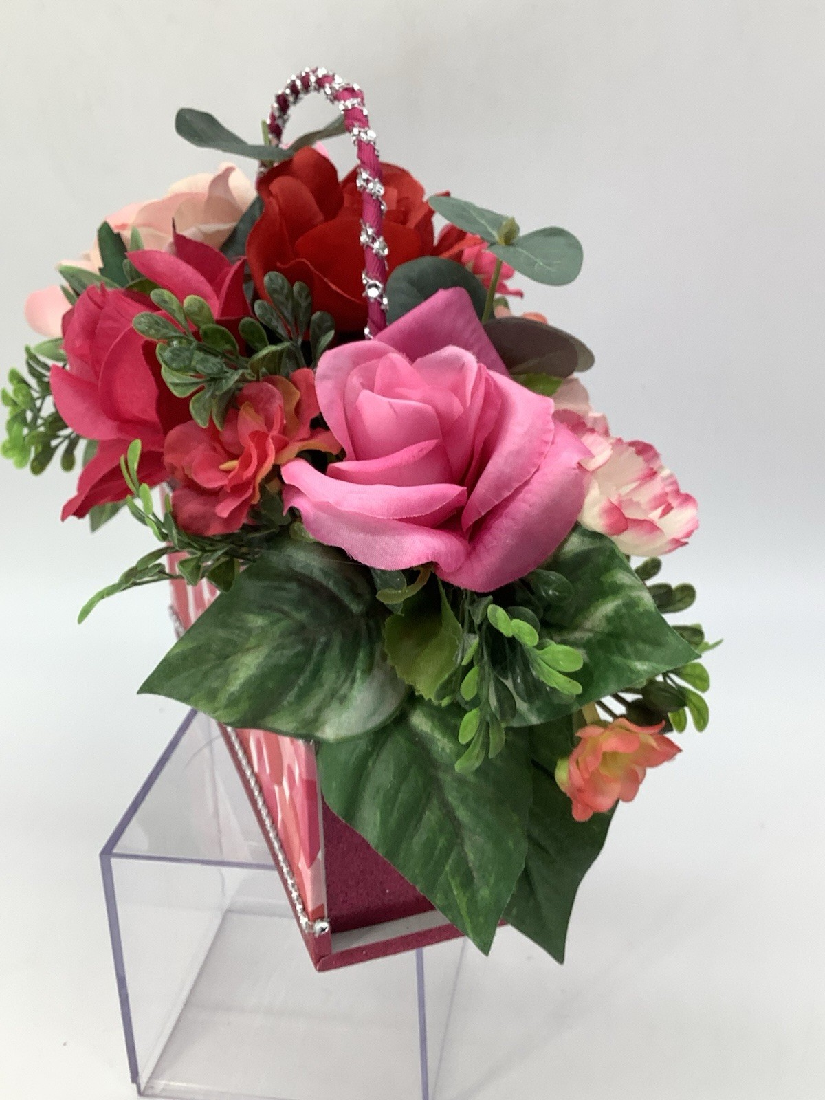 Handmade Valentines Day Pink Red Heart Purse Floral Arrangement Centerpiece
